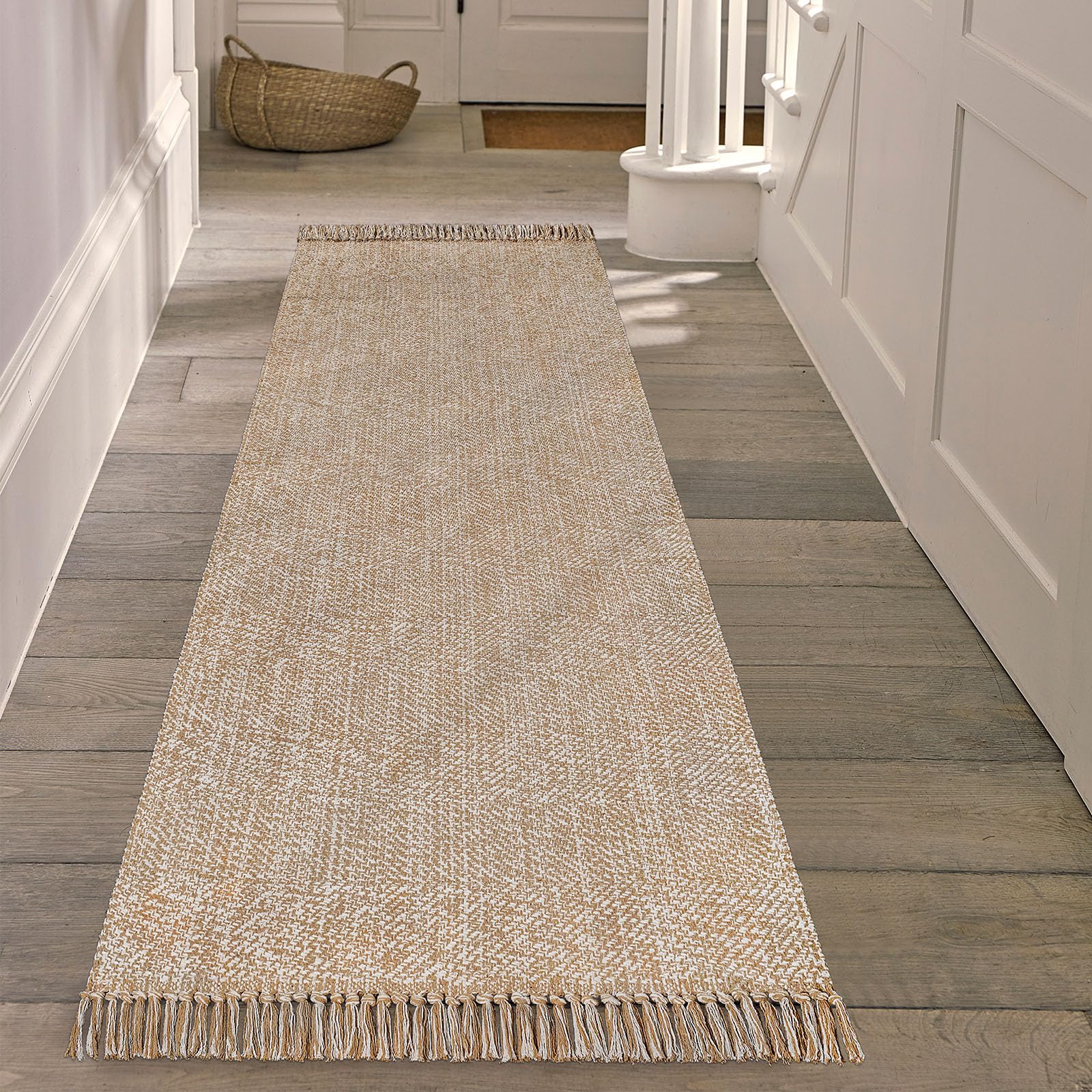 Tapis de couloir en coton tissé à la main de style bohème lavable à la main pour chambre à coucher, salon, salle de bain, évier, foyer, 7,8 x 2,44 m, kaki