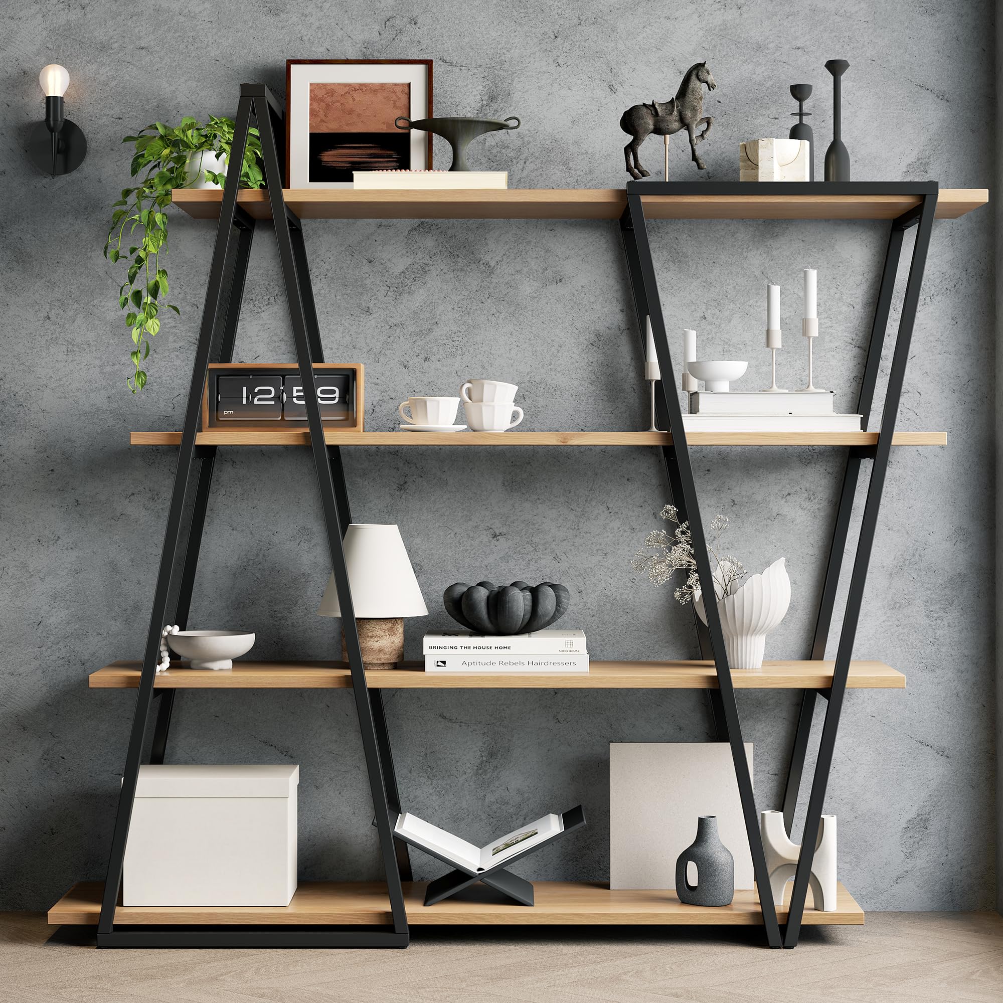 158×35×166 cm Geometrisches Stehregal – Bücherregal/Offenes Metallregal mit 25 mm Verdickt MDF-Holzböden, Dreiecksdesign, für Wohnzimmer, Küche & Arbeitszimmer,Regal - Bücherregal