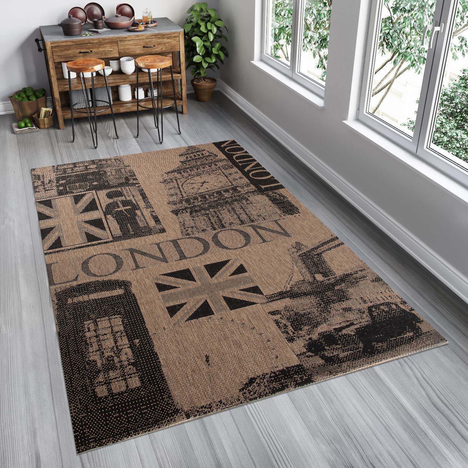 Tapiso FLOORLUX dywan o wyglądzie sizalu, tkanina płaska brązowa, czarna, napis Londyn, nowoczesne wzornictwo, do salonu, kuchni, korytarza, wewnątrz, 200 x 290 cm
