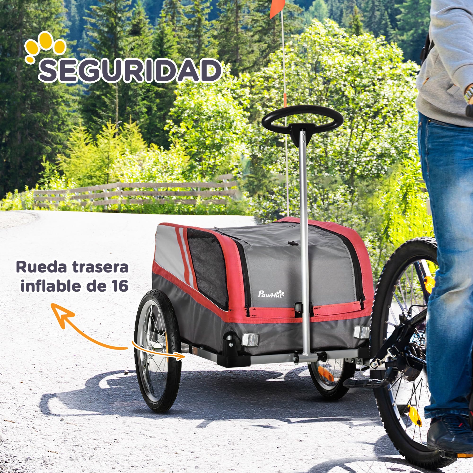 PawHut Remolque de Bicicleta para Perros 2 en 1 Carrito para Mascotas con Enganche Cubierta Enrollable Cinturón de Seguridad Bandera y Reflectores 130x64x97 cm