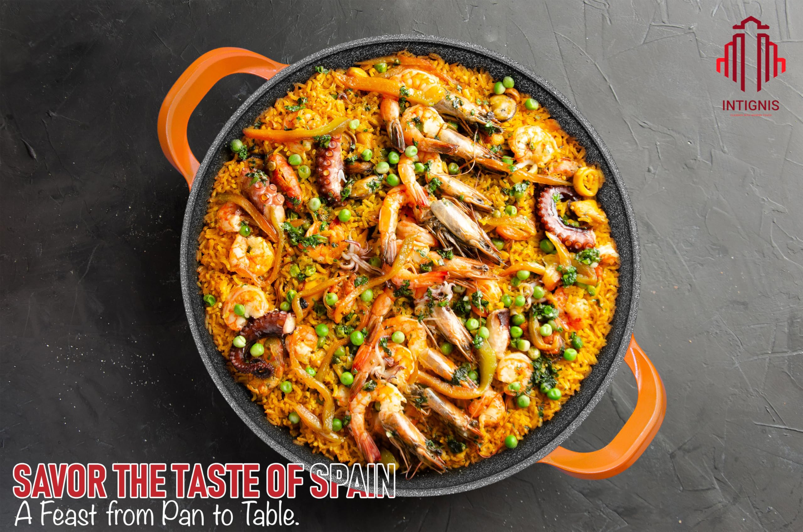 INTIGNIS Poêle à paella professionnelle, grande poêle à frire de 40 cm, aluminium, revêtement en marbre antiadhésif, sans produits chimiques, pour tous les feux à induction, passe au four