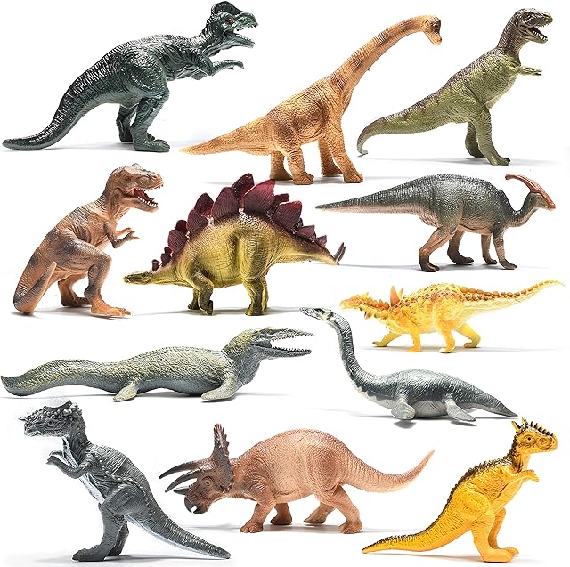 Prextex Realistic Looking 25cm Dinosaurs - Pack of 12 Large Plastic Assorted Dinosaur Toys including T-Rex, Giganotosaurus, Triceratops and more! Dinosaur toys for boys and girls of all ages.