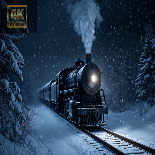 Winter Steam Train Video-FIRE TV – Static Locomotive, Snowy Night, 4K