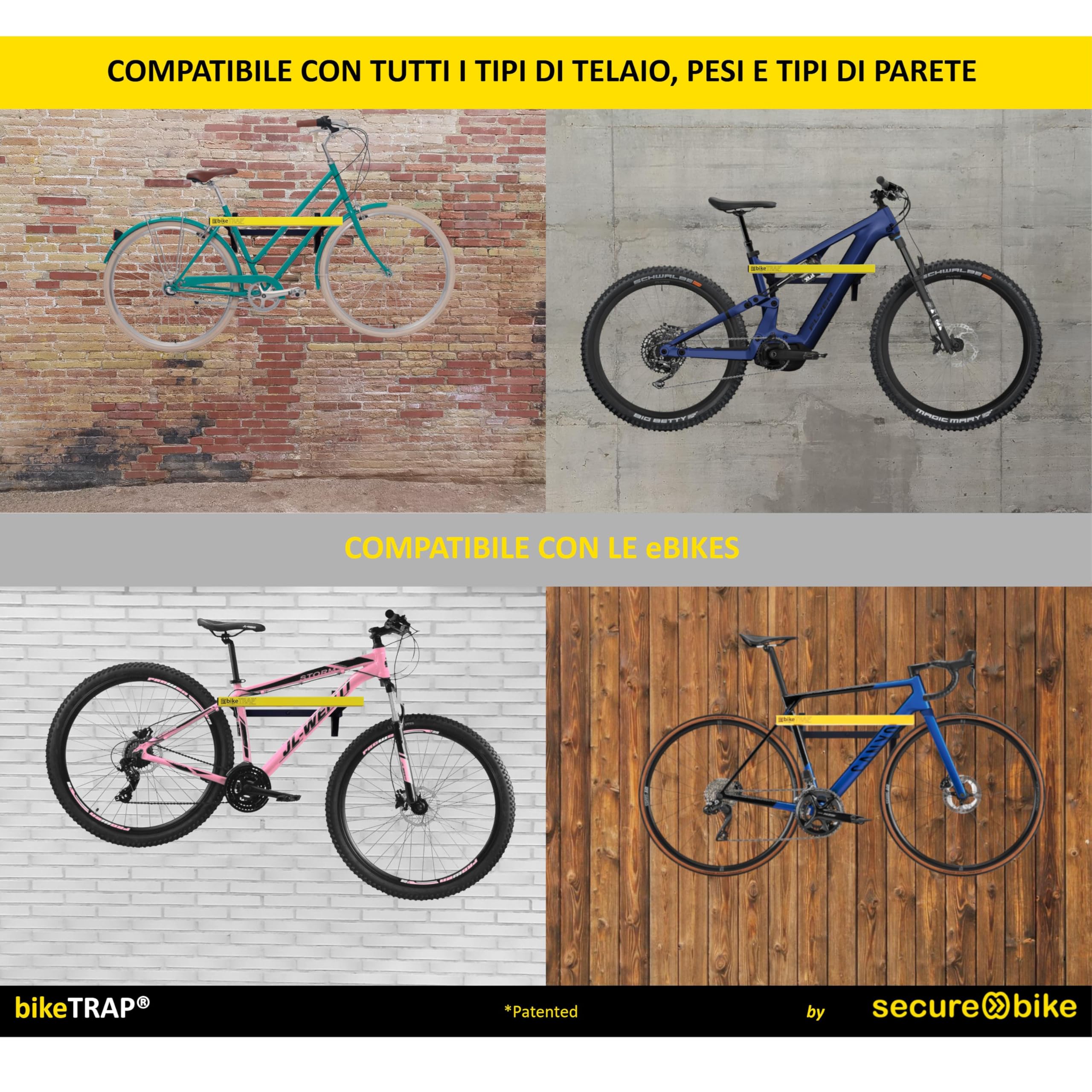 Supporto portabici da muro e lucchetto antifurto - bikeTRAP. Gancio da parete per due biciclette, compatibile con tutte le forme e i pesi. Conserva la bici in garage, cortili … in tuta tranquilità !