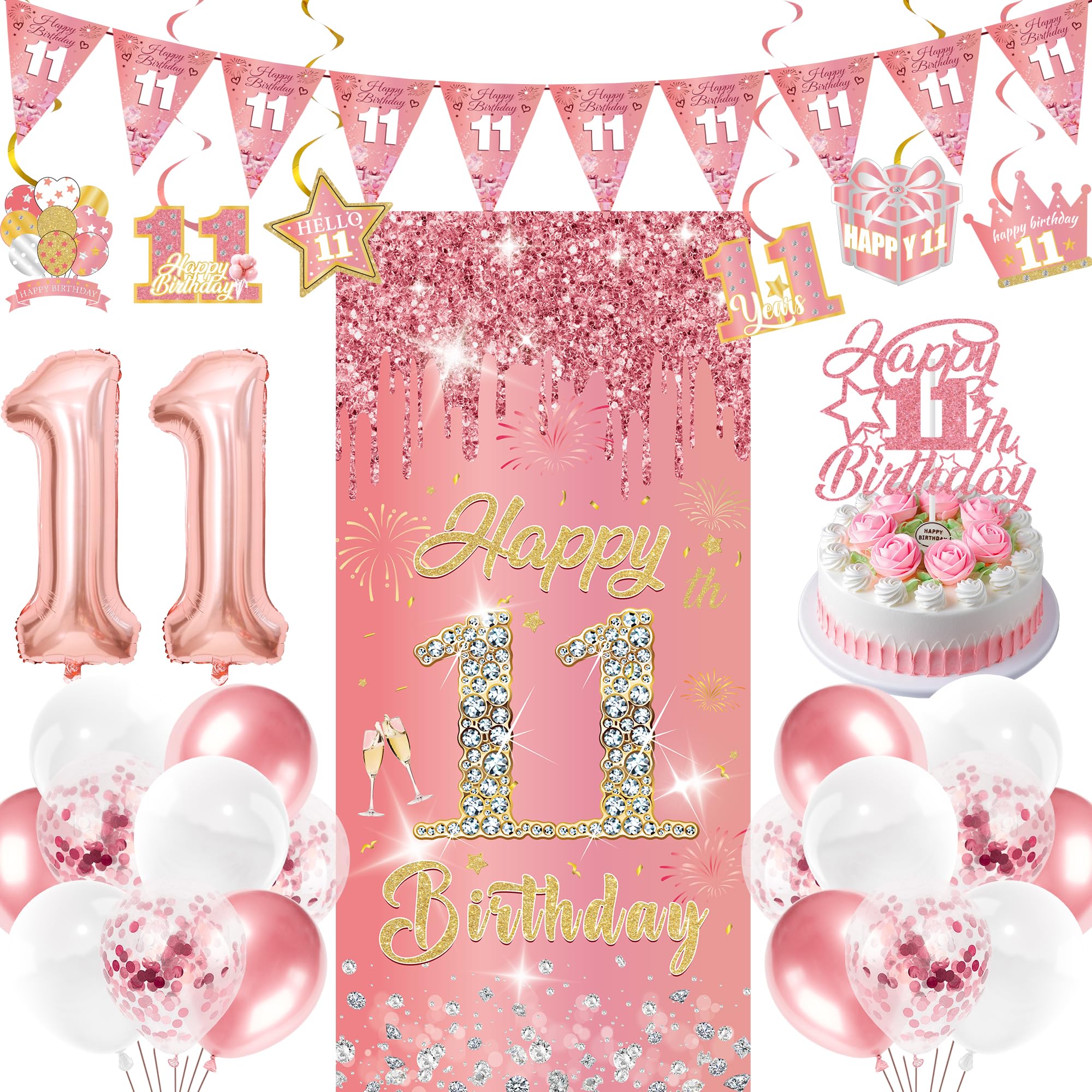 11th Birthday Decorations Balloons Girls - 29 Pcs Rose Gold Triangle Banner Hanging Swirls Backdrop Glitter Cake Topper Number 11 Foil Balloon for Her Girl 11 Years Old Happy Birthday Party Supplies