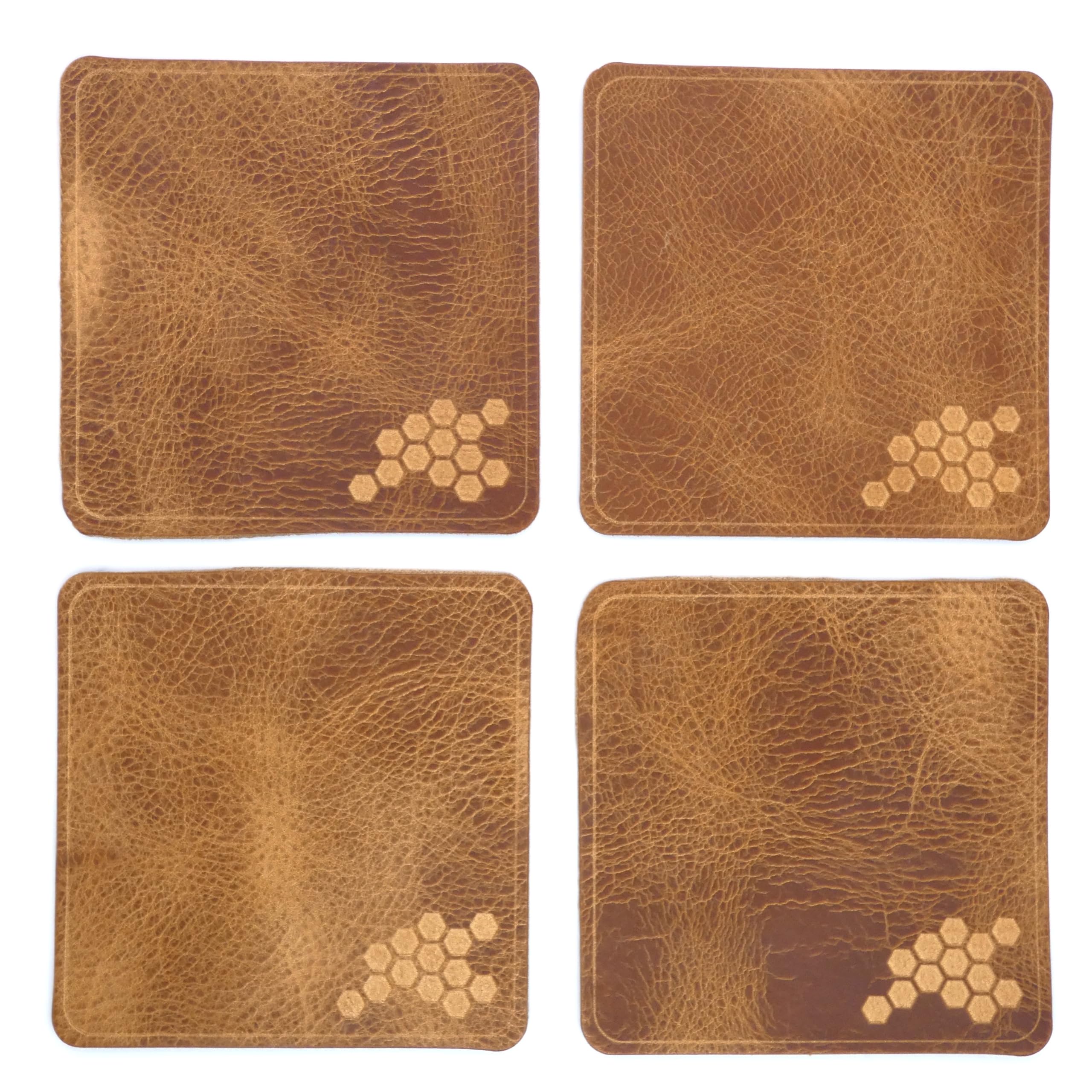 Honeycomb Leather Coaster Set, Square Drinks Coaster made from Italian Leather with Hexagonal Honey Comb Design