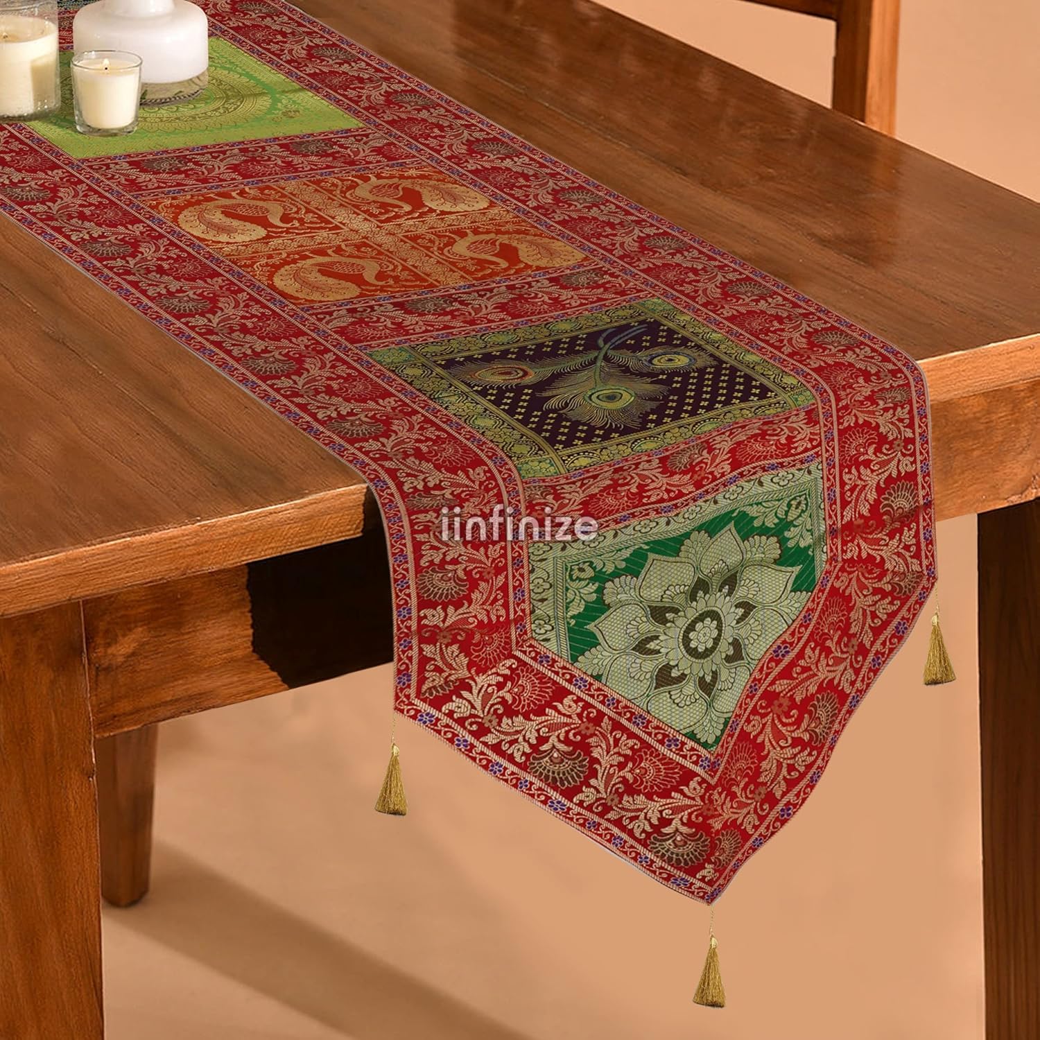 Banarasi Silk Table Runner Brocade Floral Design Silk Table Runner & Cover Table Decorative Gift 16x70 Inch Golden Zari Embroidery Table Runner (Red)