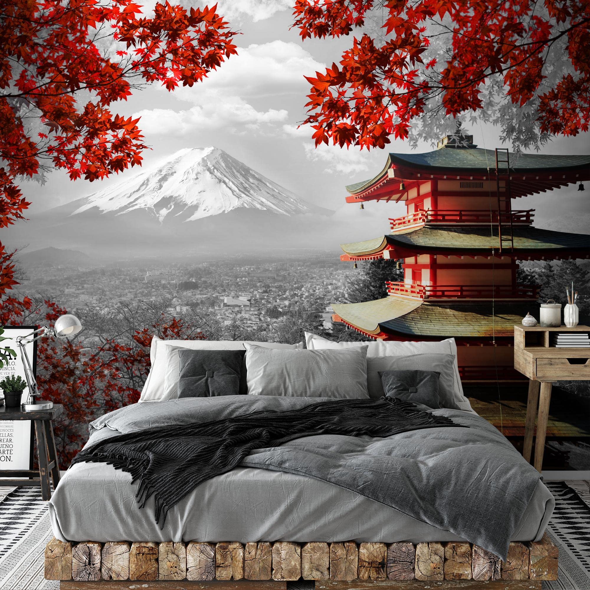 Runa Art Papel tapiz fotográfico Japón 352 x 250 cm Lana Fondo De Pantalla XXL Moderna Decoración De Pared Sala Cuarto Oficina Salón Rojo gris 9242011a