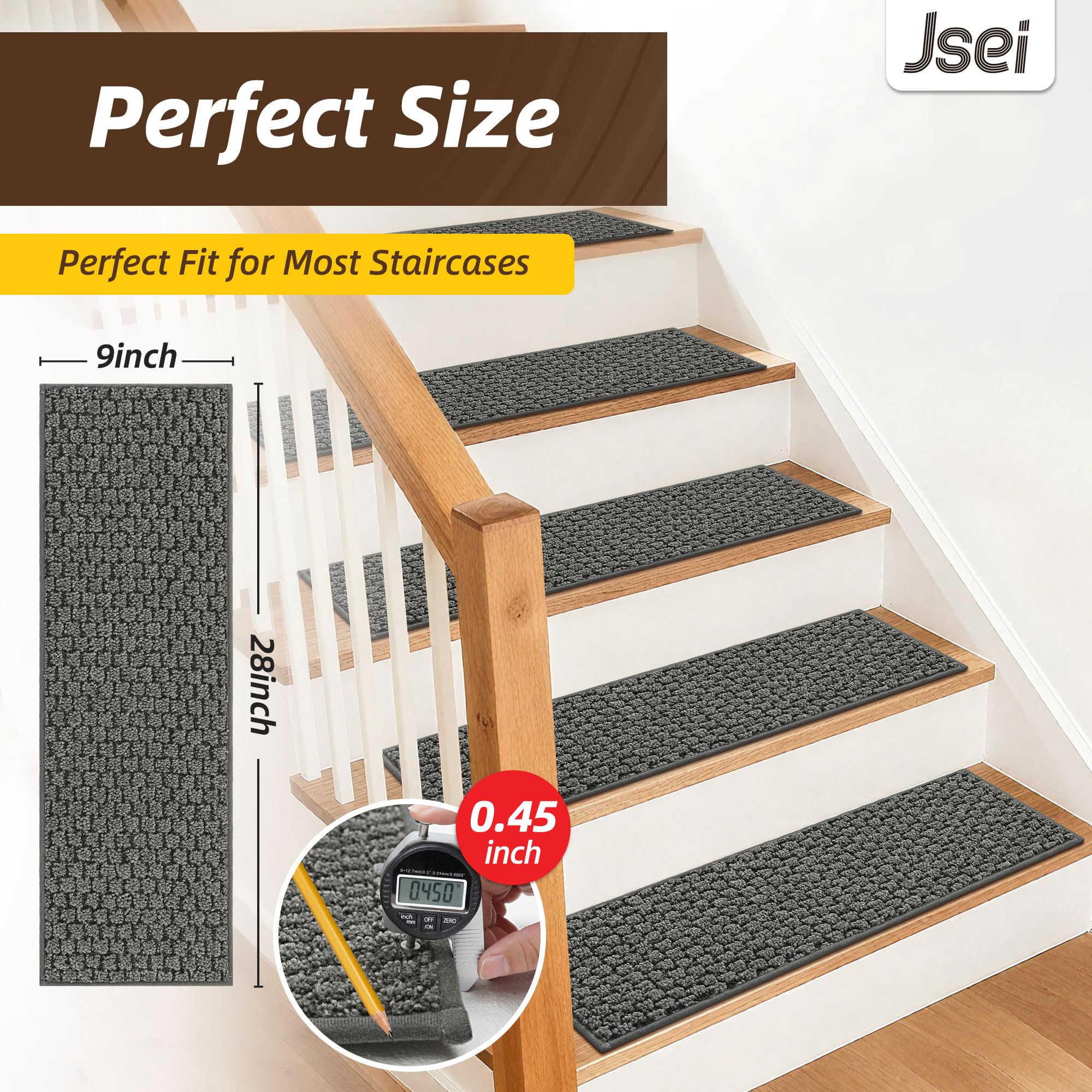 JSEI Stair Treads for Wooden Steps, 14 Pack 9" X 28" Non-Slip Machine Washable Carpet Stair Treads with TPE Backing, Soft Indoor Stair Rug Runner for Kids Elders & Pets, 100% Polyester, Beige — view 20