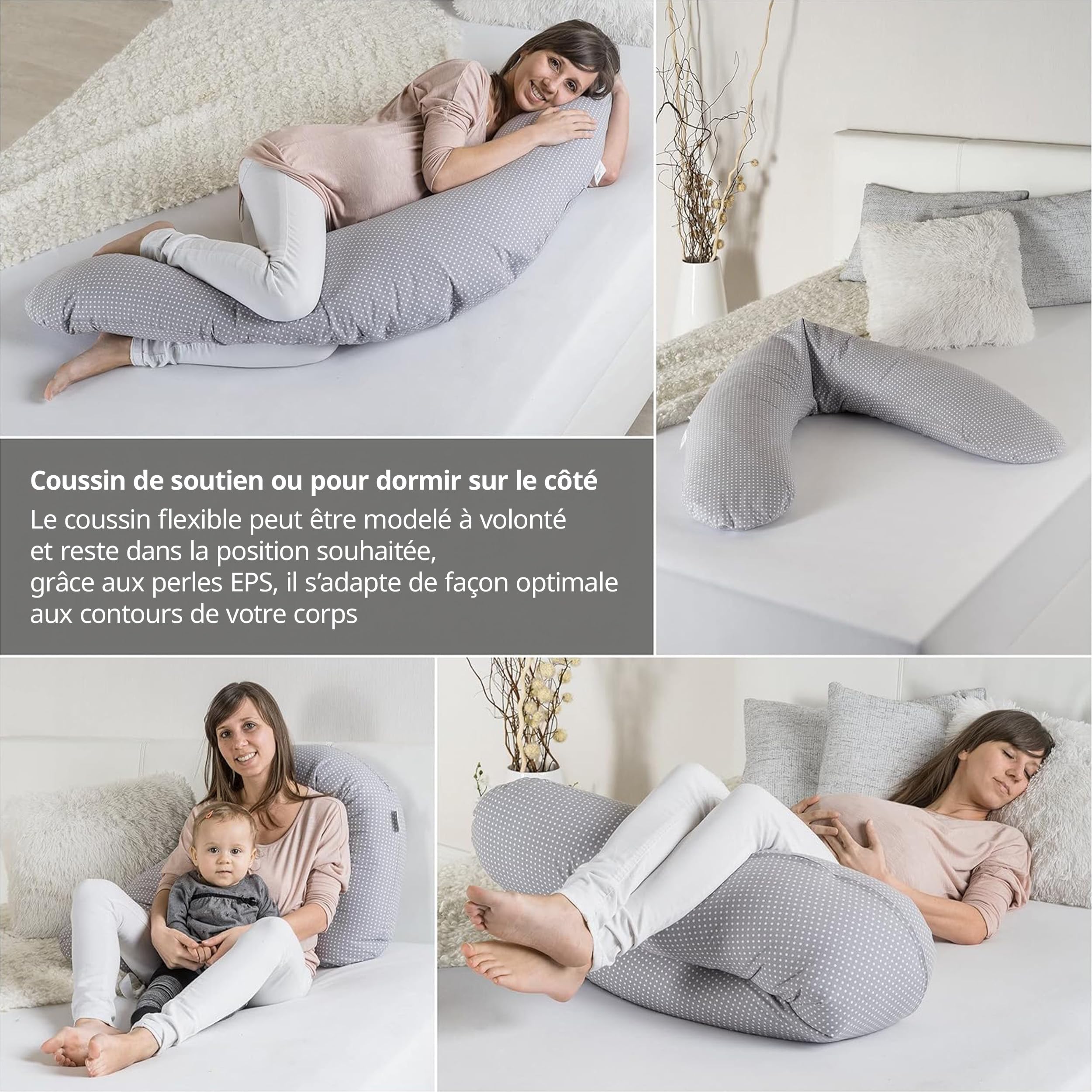 Theraline Coussin Allaitement Dodo Pillow Premium, 180 cm, Housse en 100% Coton, Fines Billes Silencieuses, Déhoussable, Pois Gris