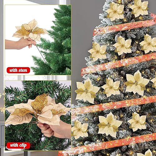 Miniatura 3 de 20 piezas de flores de Pascua artificiales de Navidad, 20 clips y cinta de 11 yardas, adornos de corona de árbol de fiesta de Navidad con purpurina
