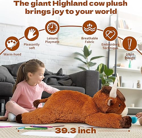 Miniatura 3 de Peluche gigante de vaca de las Highlands de 39 pulgadas, juguete de peluche suave para niños y adultos, almohada de vaca grande y esponjosa para