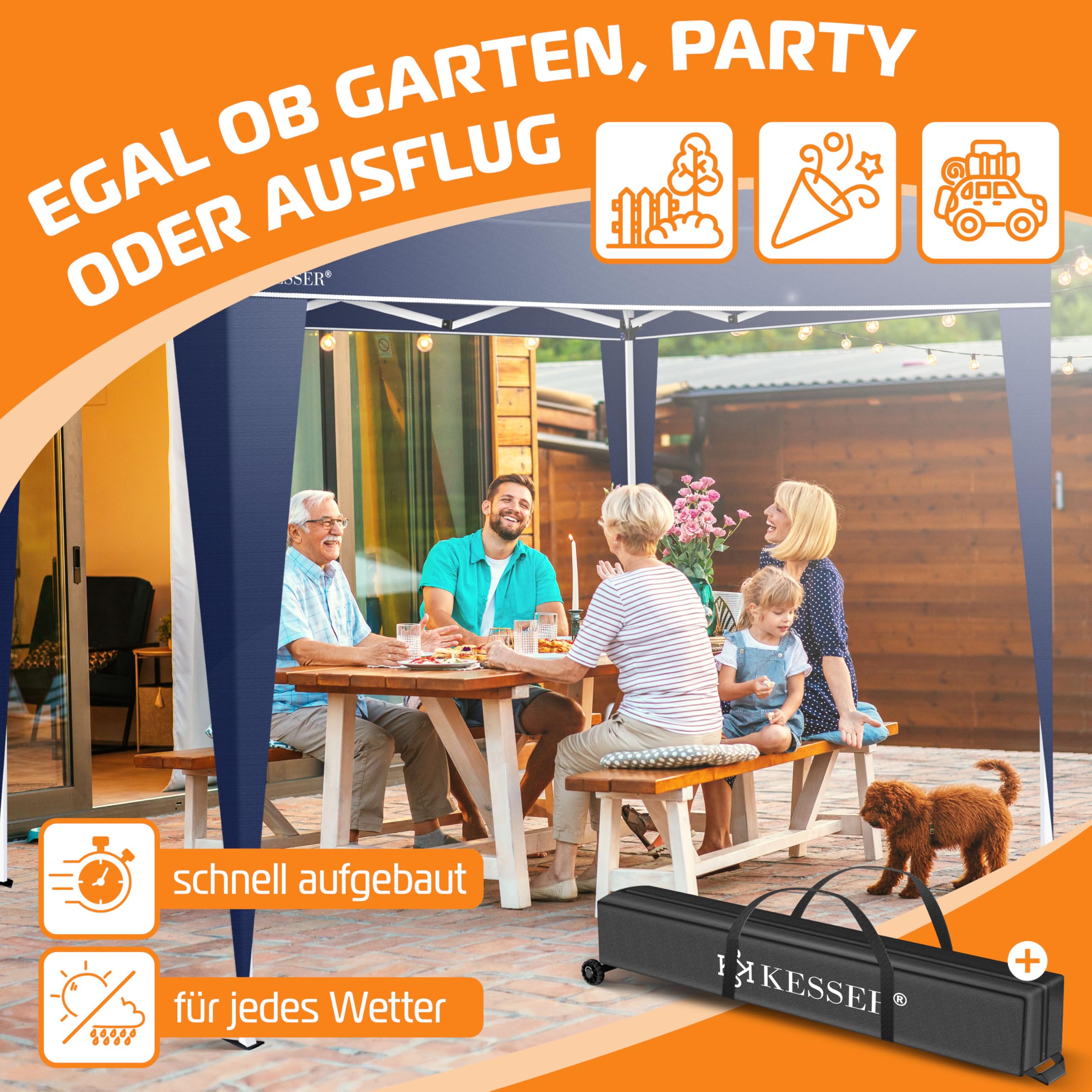 KESSER® Gazebo Pieghevole 3x3m | Pop-Up Regolabile in Altezza Stabile Impermeabile Resistente all’Inverno | Protezione UV 50+ Inclusa Borsa con Ruote & Ancoraggio al Suolo - Blu