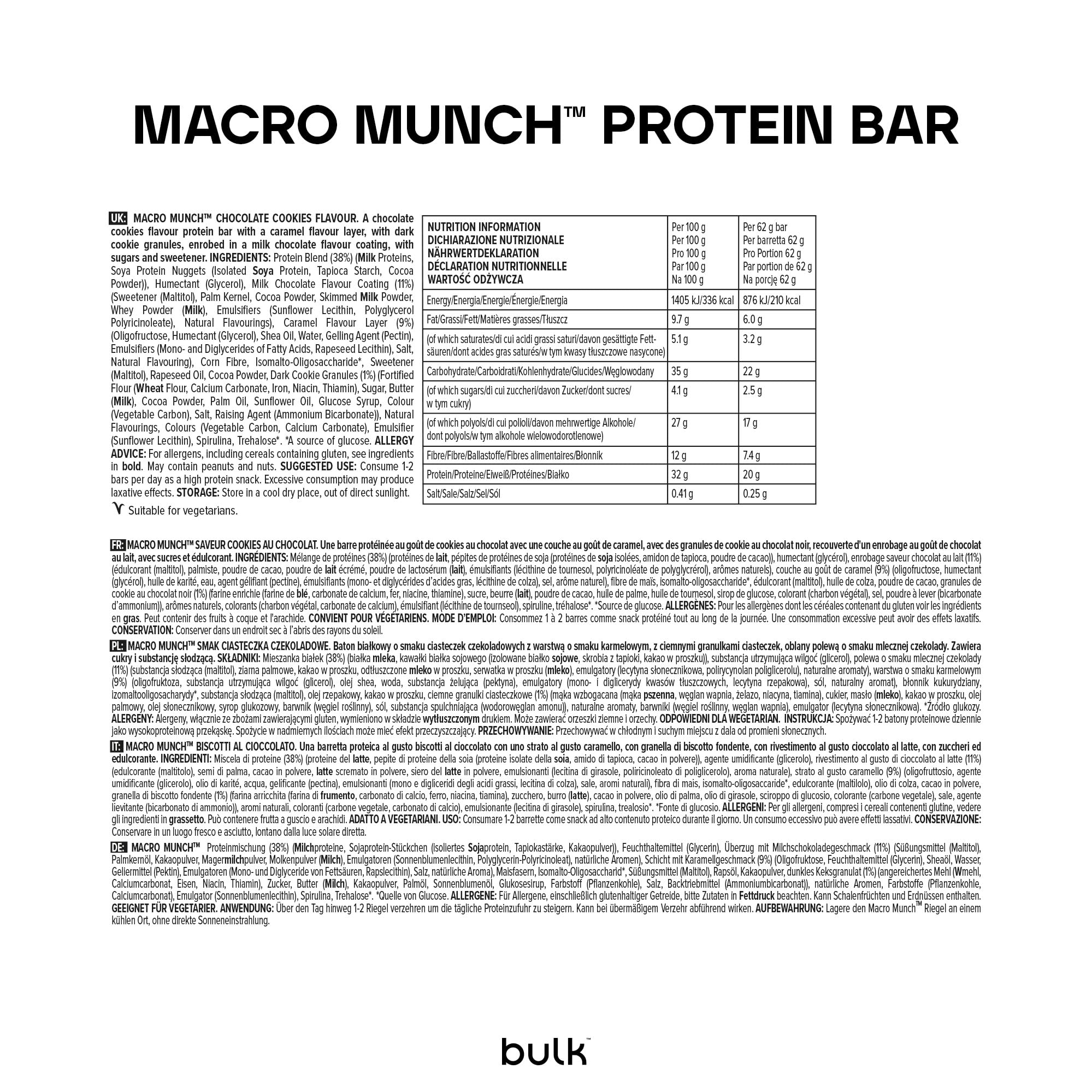 Bulk Macro Munch Barrita Proteica | Chocolate Cookies | 12 x 62g | 20g de proteína por barrita | Baja en azúcar | Alta en fibra | Triple capa | óptimo para llevar