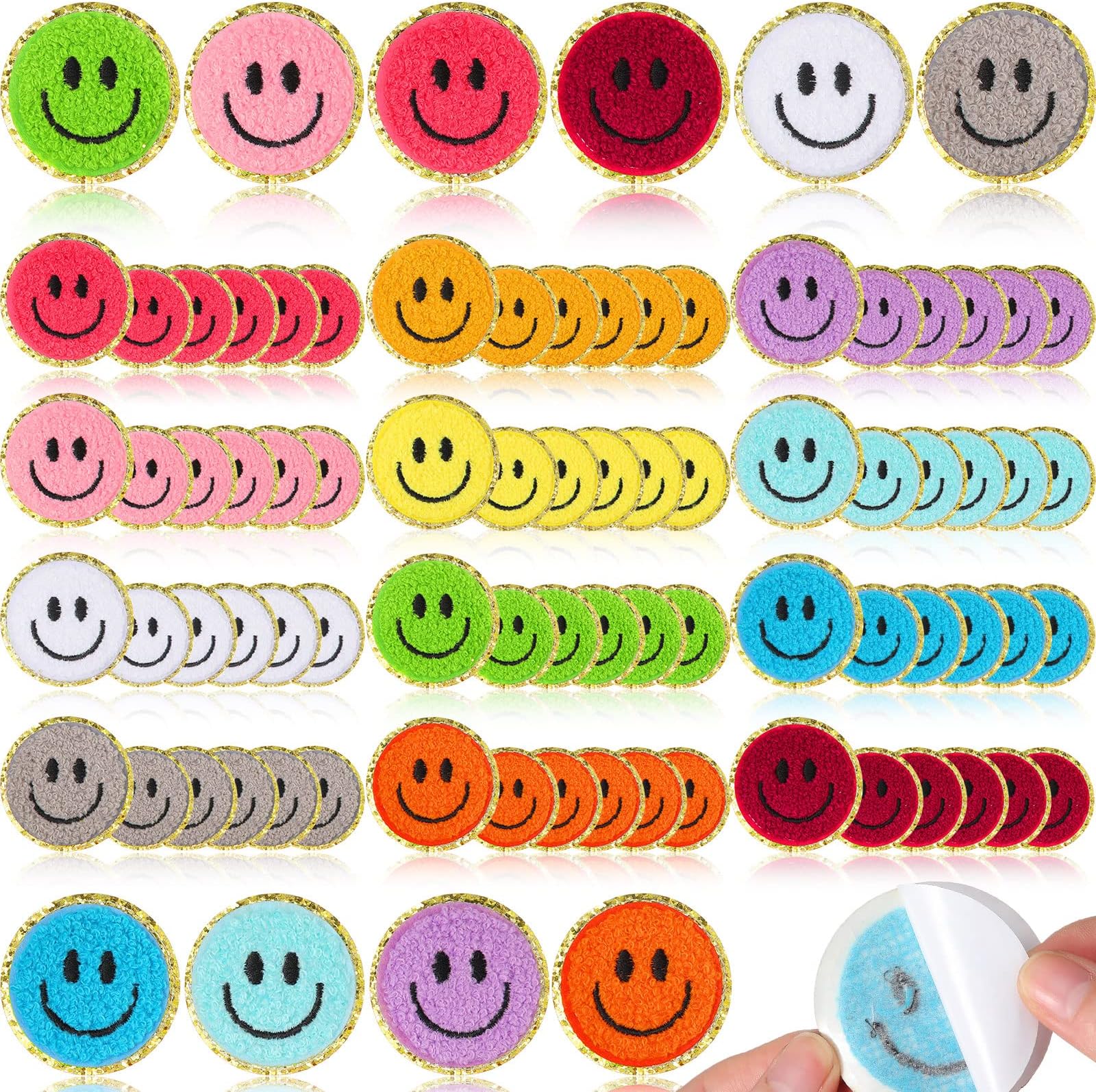 72 Pcs Self Adhesive Smile Face Patch Chenille Patches Colorful Cute Happy Face Chenille Patch Applique for Clothing Fabric Jackets DIY Mobile Phone Backpacks Hat