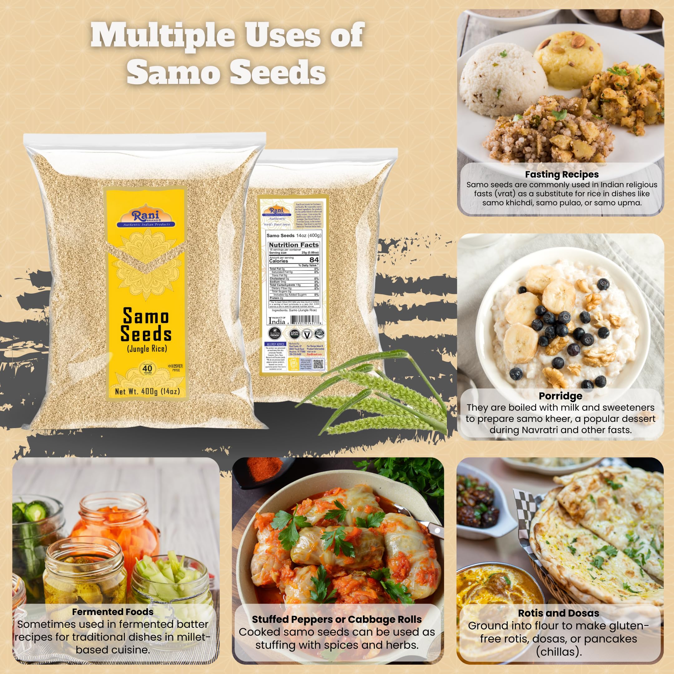 Rani Samo Seeds Whole (Japanese barnyard millet/Jungle Rice/Moriyo/Samak Rice) Echinochloa frumentacea 14oz (400g) ~ All Natural | Vegan | Gluten Friendly | NON-GMO | Indian Origin