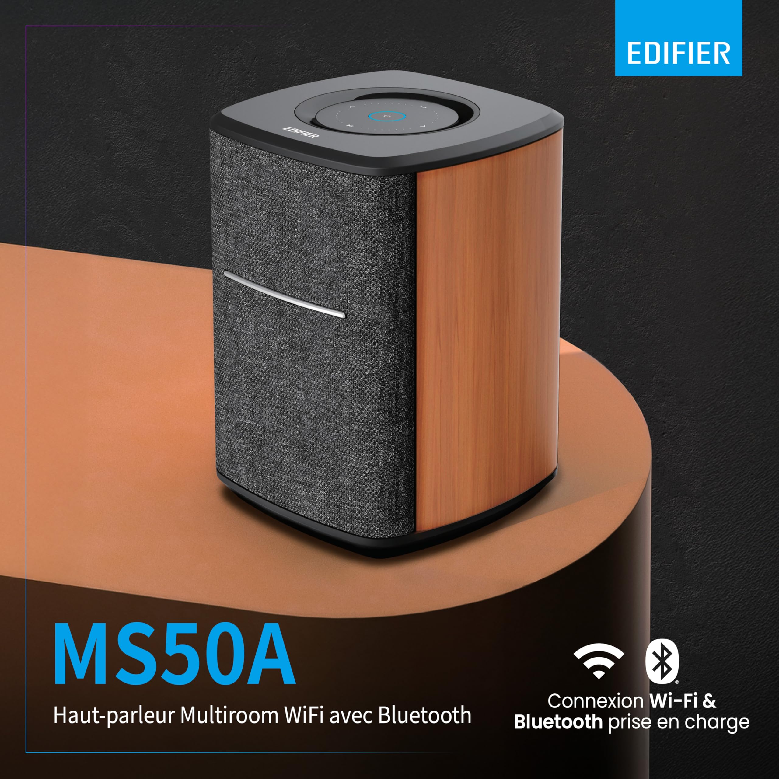 Edifier MS50A - Haut-Parleur WiFi Samrt avec Bluetooth et Fonction stéréo sans Fil Fonctionne avec Amazon Alexa, Apple AirPlay 2, Spotify, etc. Marron