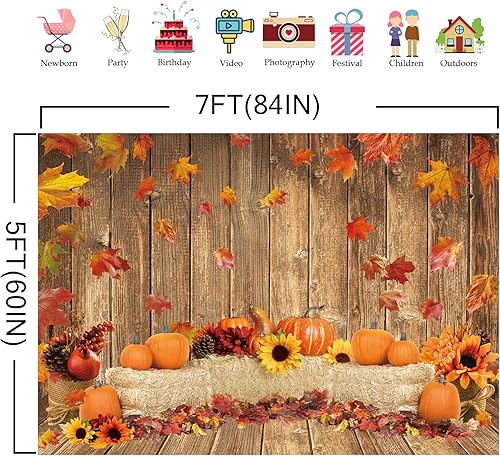 Miniatura 7 de Fondo de fotos de otoño de 7 x 5 pies, patrón de madera de hojas de arce, fondo de calabaza para fotografía de amigos, decoración de fiesta,