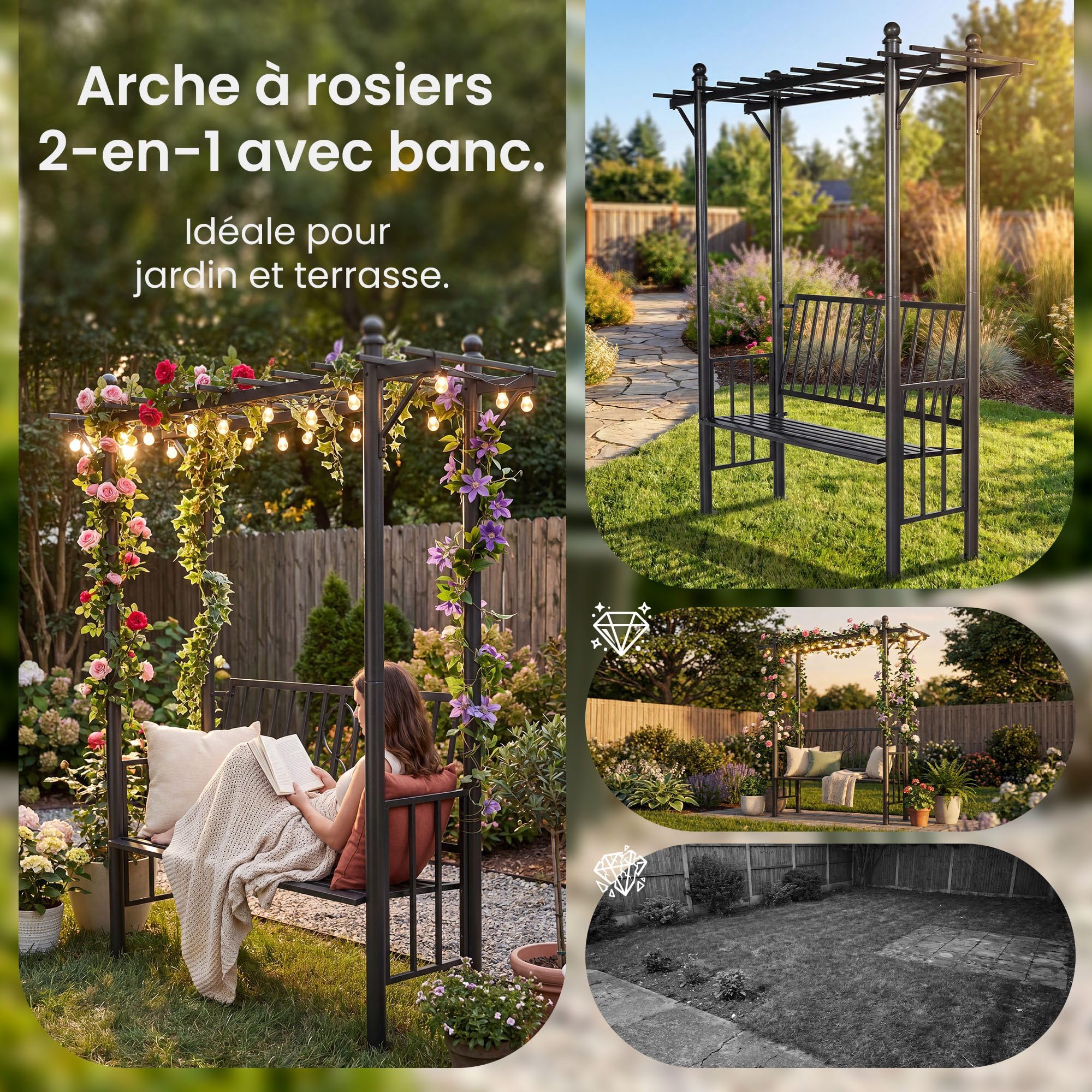 CLP Arche a rosiers avec Banc Luvio, Resistant aux intemperies avec Dossier, pour Jardin et terrasse, Support jusqu'a 220 kg Couleur Anthracite