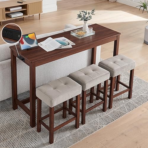 Miniatura 12 de Merax - Juego de mesa de bar de 4 piezas con toma de corriente, juego de mesa de desayuno industrial y sillas con 3 taburetes acolchados, para sala