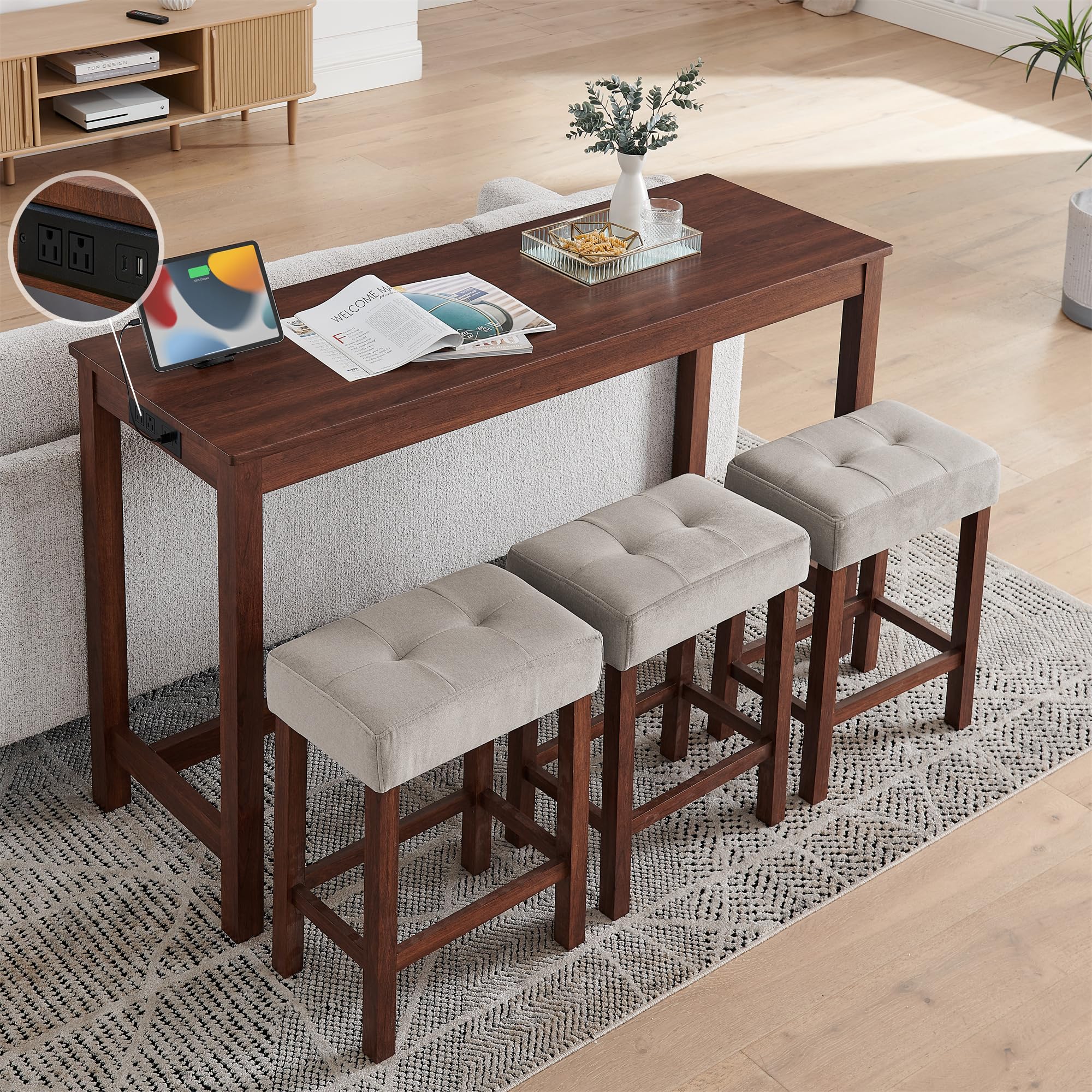 Merax 59 Inch Industrial Bar Table Set with Power Outlet & 3 Stools, Cherry