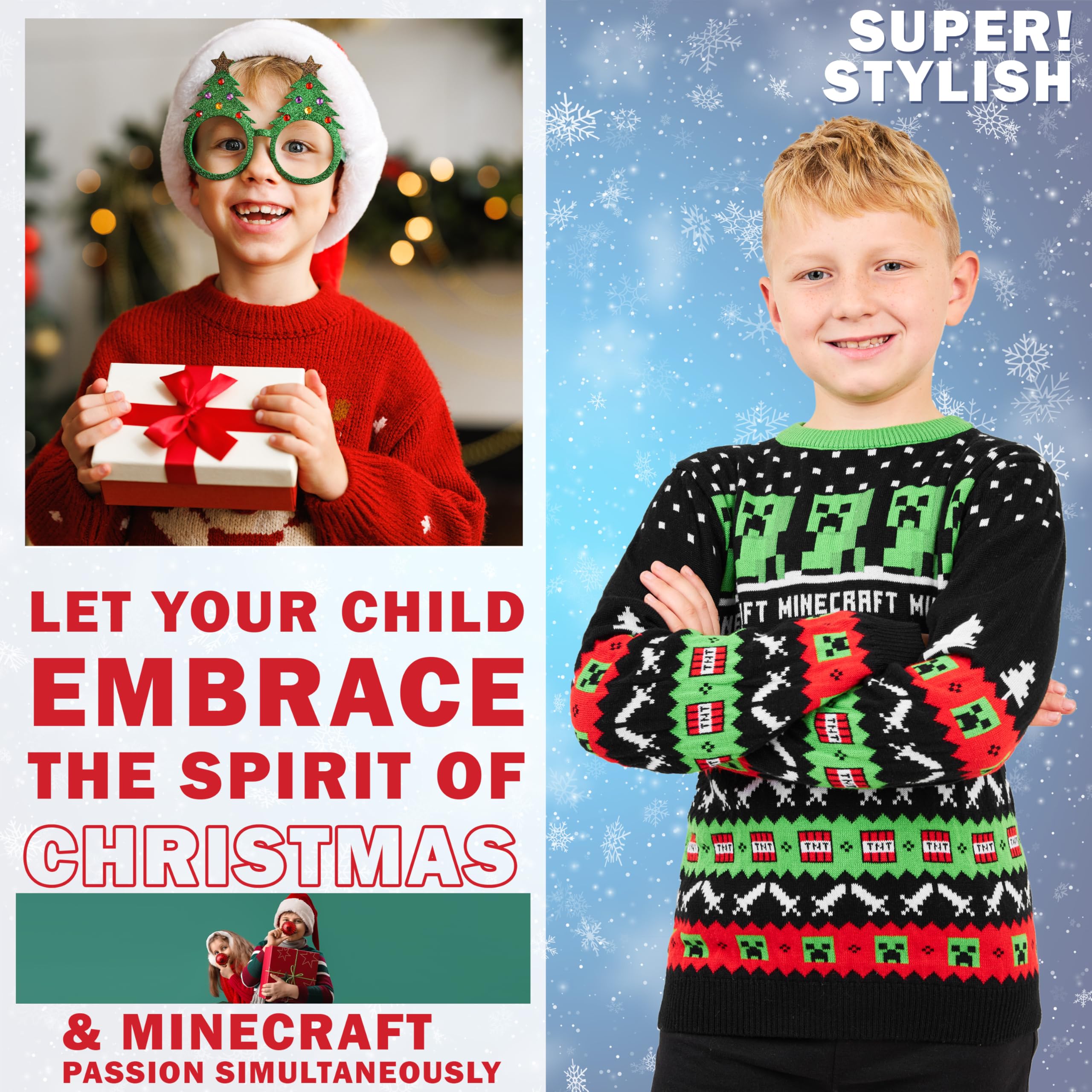 Minecraft Jersey Navideño Niños Suéter de Punto Cuello Redondo