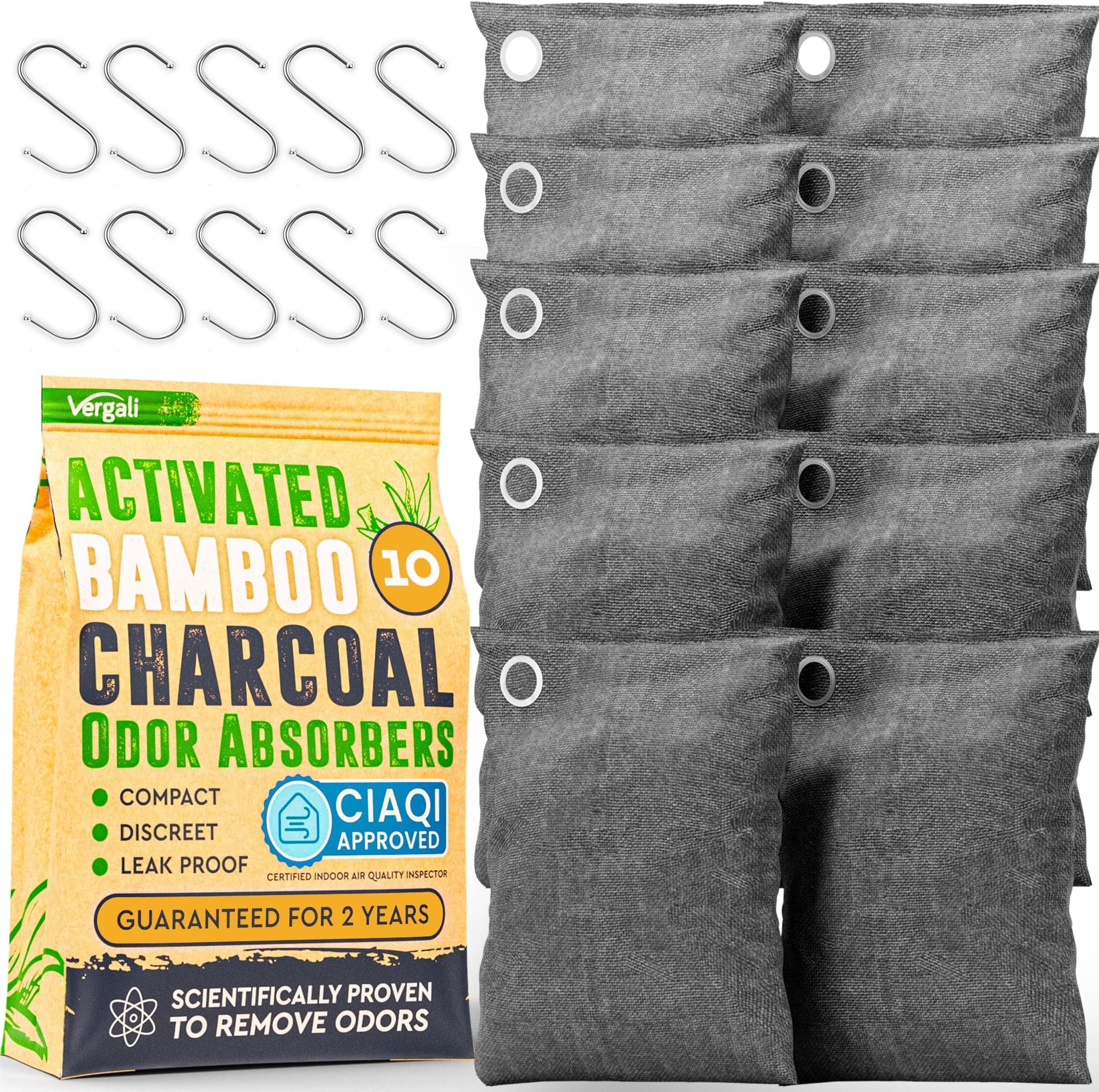 Activated Charcoal Odor Absorber 10x3.5oz w Hooks. Nature Fresh Bamboo Charcoal Air Purifying Bag. Home Car Closet Air Freshener Deodorizer Strong Odor Eliminator for Room, Drawer, Smoke Smell Remover