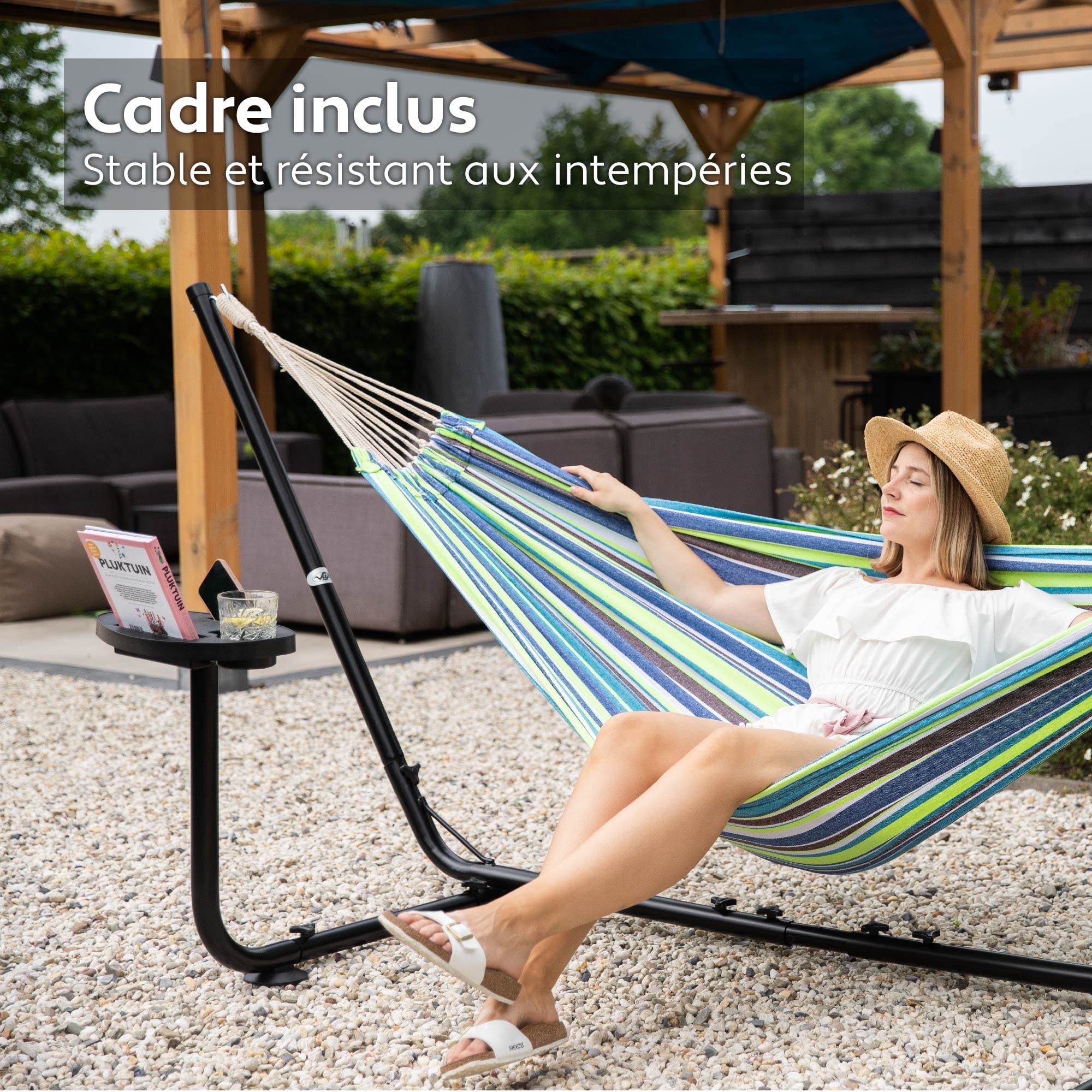 Vita5 Hamac avec Support – Support Réglable 290 à 330 cm – Grand Hamac en 80% Coton et 20% Polyester pour Jardin, Terrasse, Balcon et Camping – avec Sac de Transport