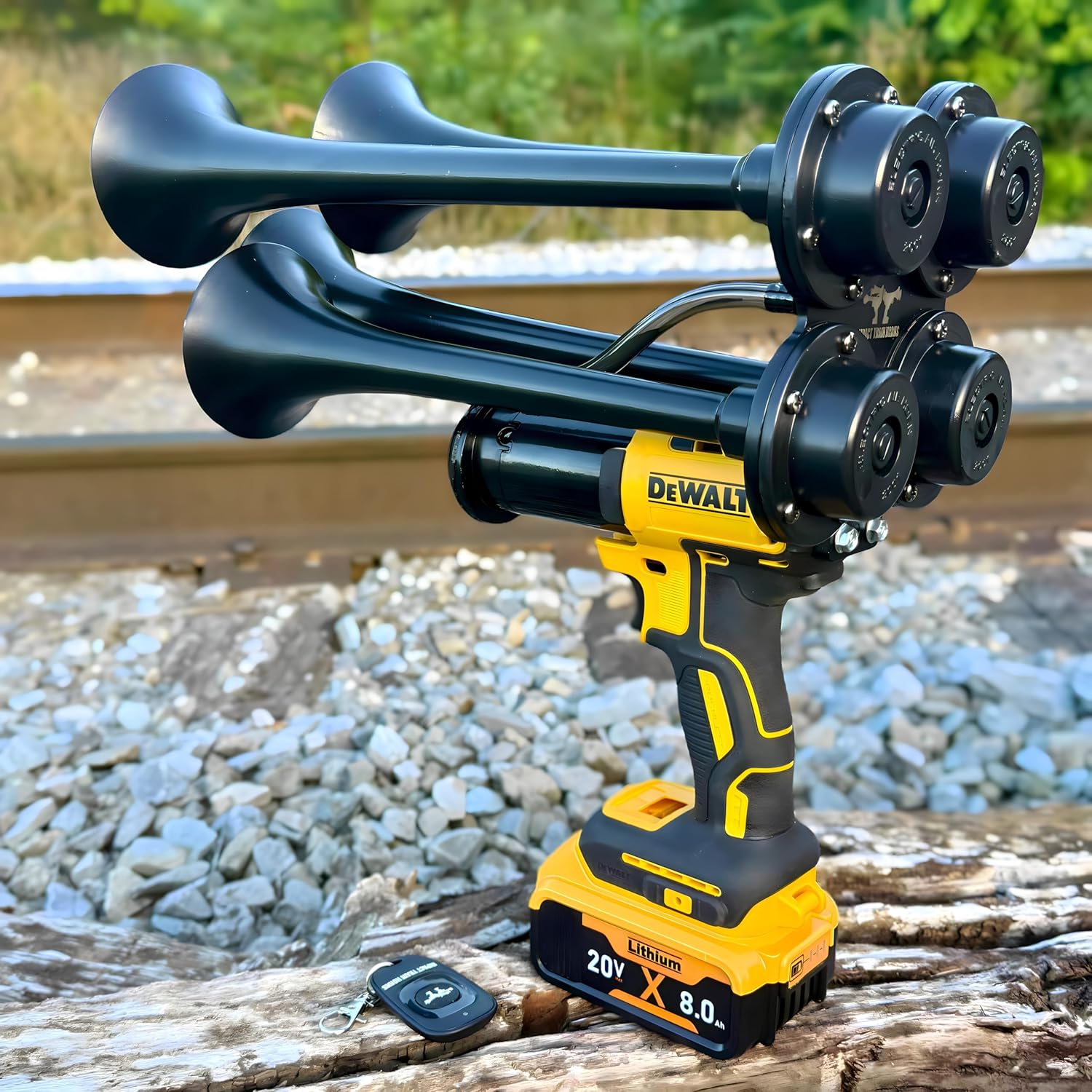 Impact Train Horn – Remote-Controlled, 150 dB, Cordless Drill Air Horn with Quad Metal Trumpets