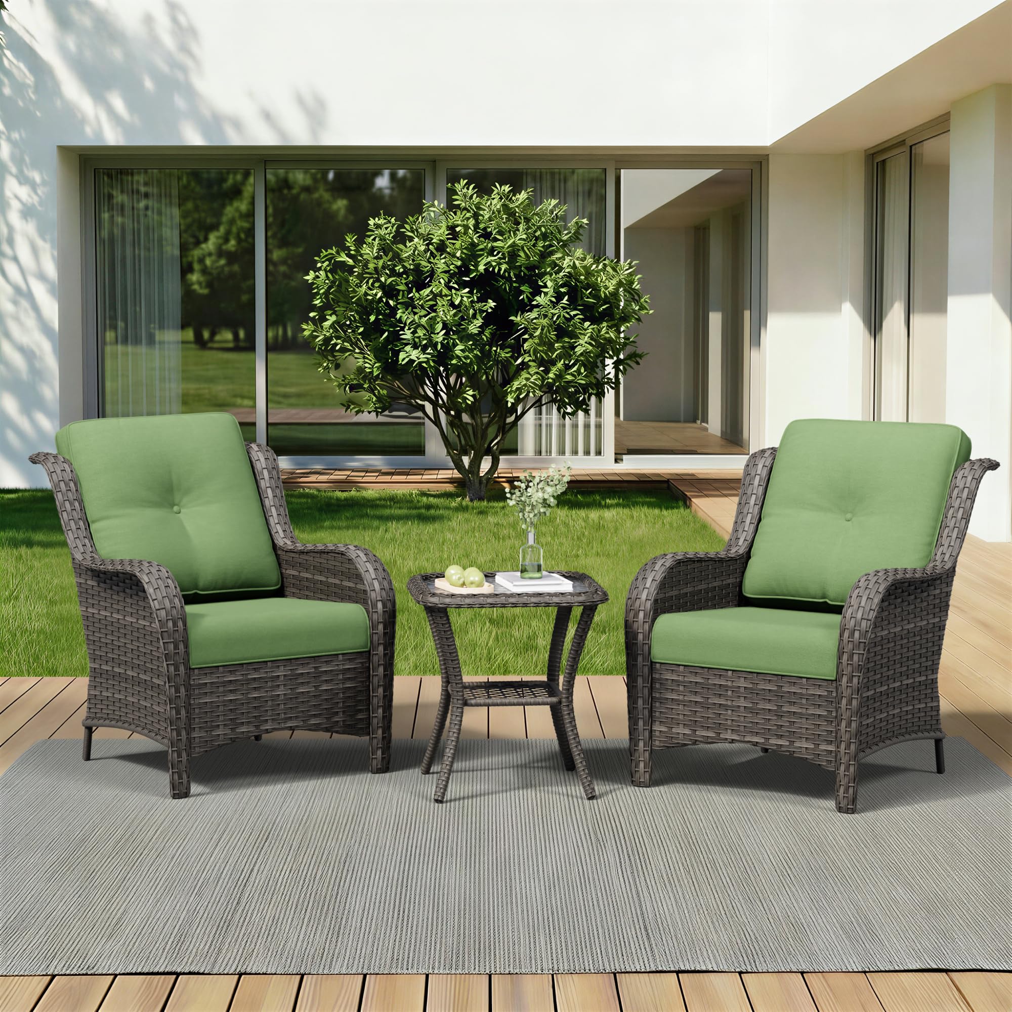 3 Pieces Outdoor Wicker Patio Furniture Set - Patio Chairs Set with Thickened Olefin Cushions, High Back and Deep Seating, Curved Armrest, PE Rattan for Porch, Deck, Balcony,Green