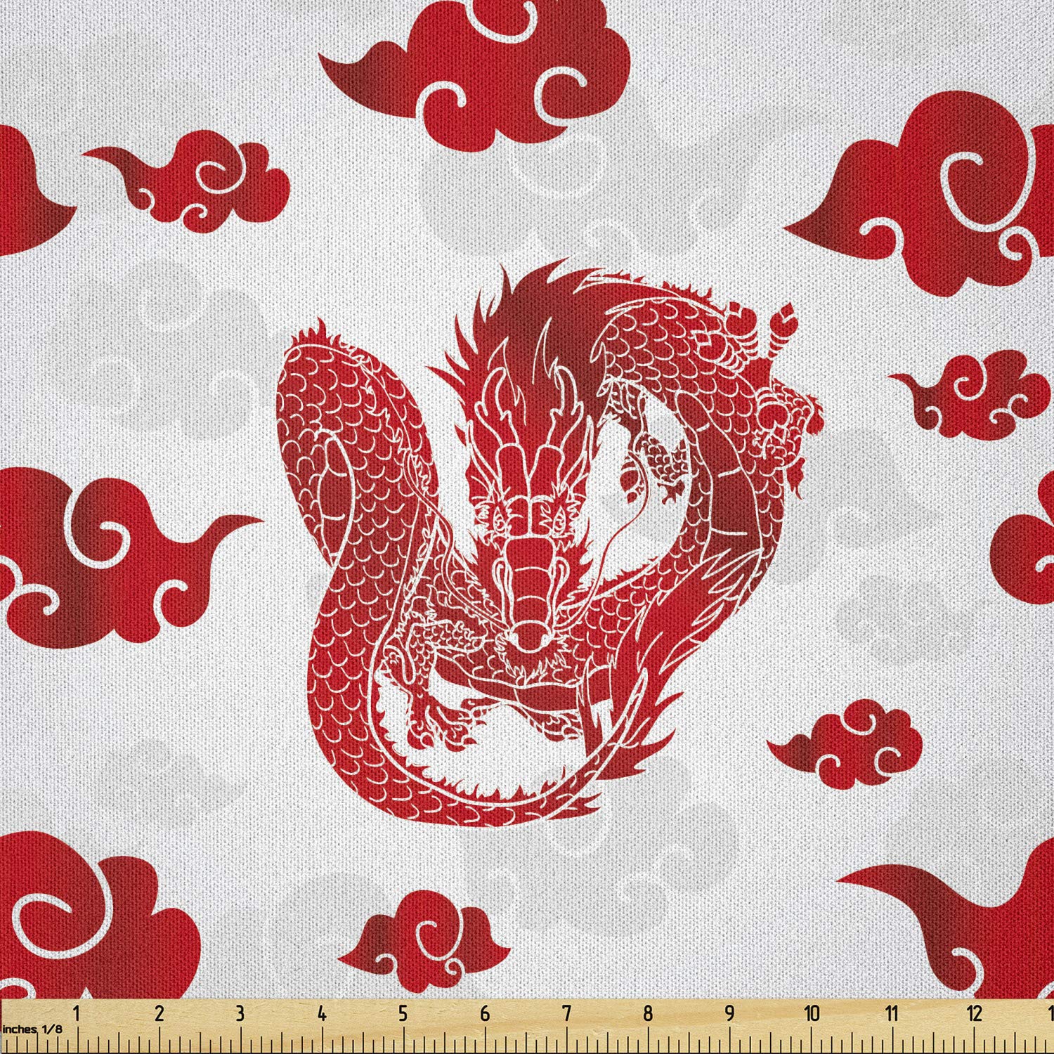 Lunarable Dragon Fabric by The Yard, Blood Red Flying Dragon Staring with Red Clouds in Background Mythological Reptile, Microfiber Fabric for Arts and Crafts Textiles & Decor, 1 Yard, White Red