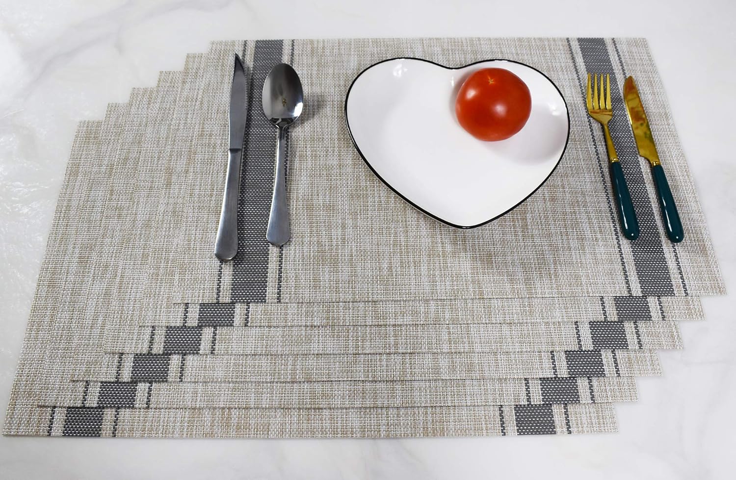 Non-Slip Placemats Set of 6, Heat Stain Ressietant Wipeable Kitchen Dining Table Decorations Easy to Clean Mats, Anti-Skid Vinyl Washable Place Matt (Column -Grey)