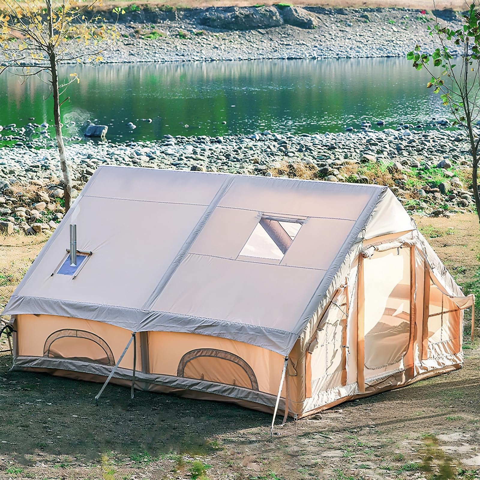 Tente Gonflable pour 2 à 8 Personnes, Tente Camping Gonflable avec Sortie de Cheminée et Pompe à Air, Montage Rapide en 5 Minutes, Inflatable Camping Tent Toutes Saisons de Luxe.