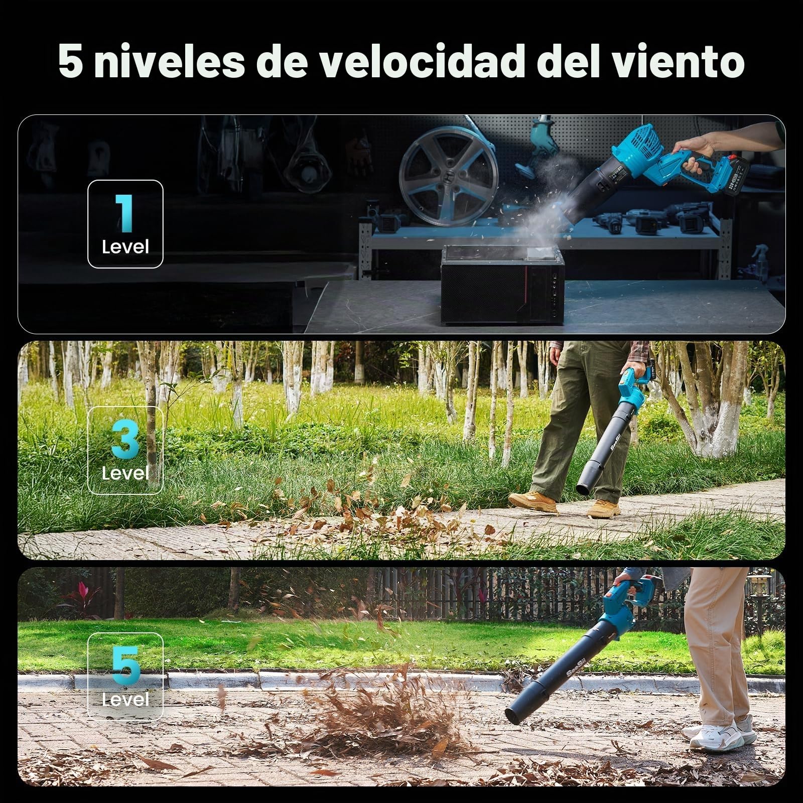 SEESII Soplador de hojas con batería con 2 baterías de 4,0 Ah y cargador, 5 niveles de rotación eléctrica para exteriores, para jardinería, limpieza de hojas, fácil para patio, terraza, césped