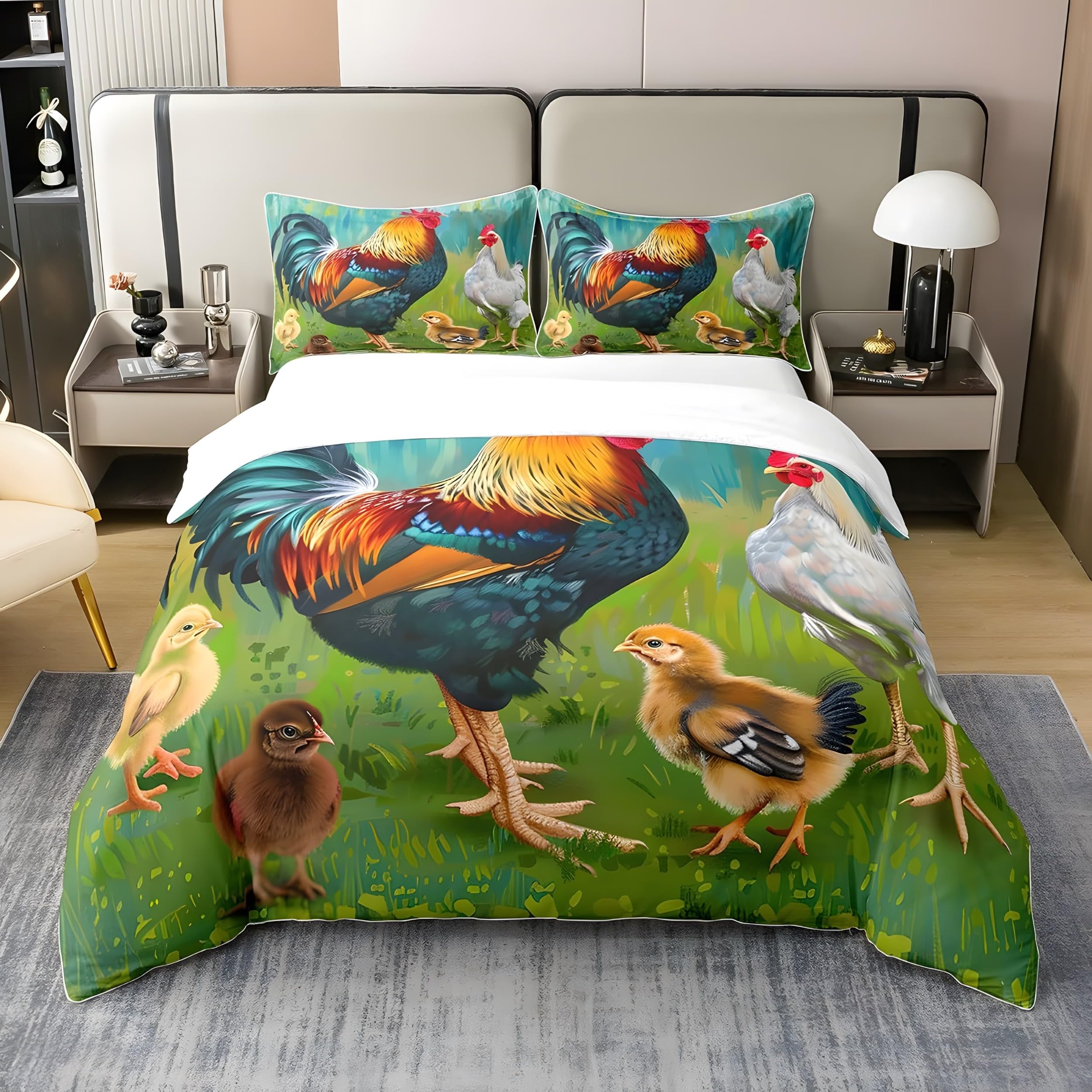 YZQGLHP Rooster Super King Duvet Cover Farm Animals Bedding Set Soft Cozy Microfibre Duvet Covers 260x220 with Zipper Closure and 2 Pillowcases 50x75cm