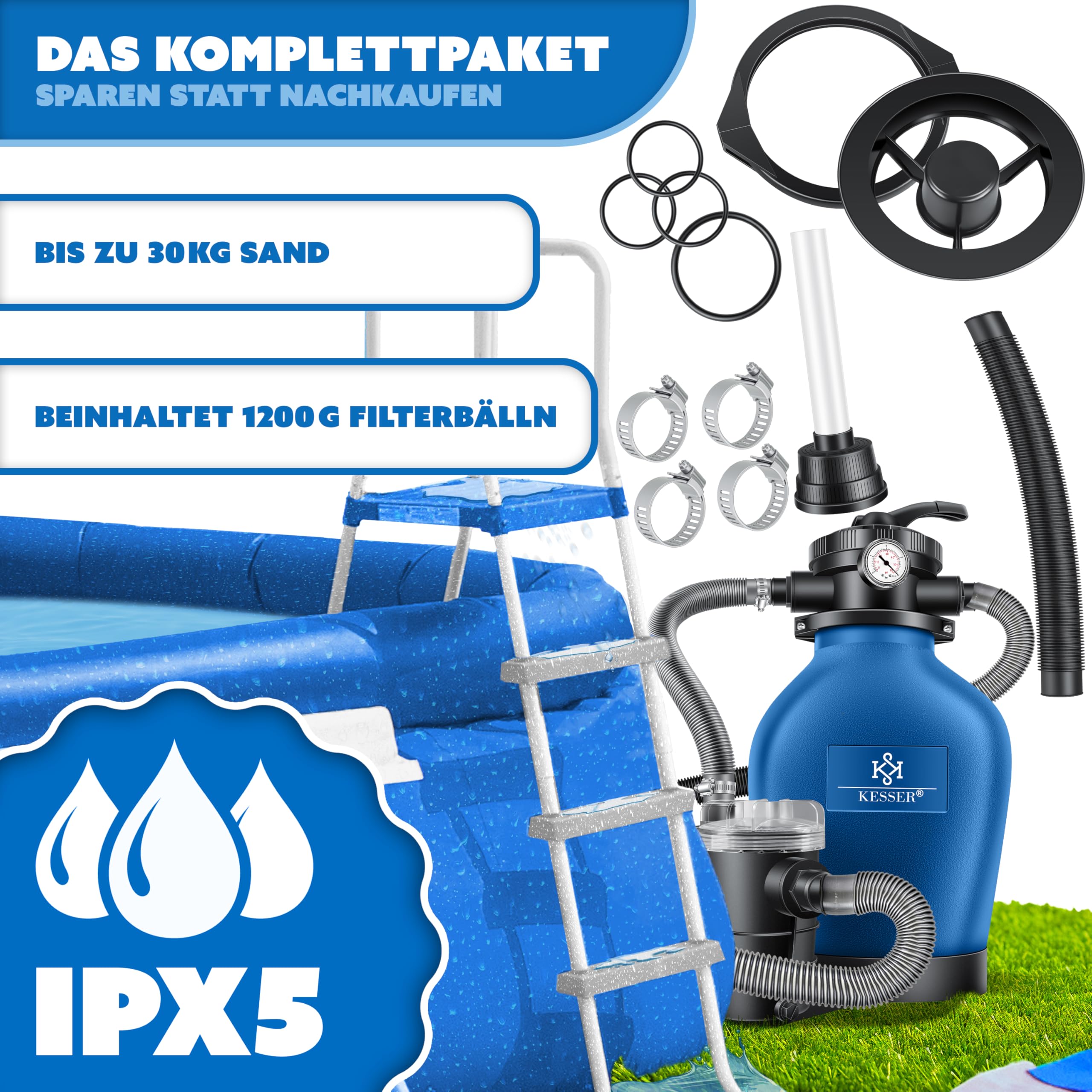 KESSER® Sandfilteranlage mit Pumpe & 1200g Filterbälle | Poolfilter 600W | Sandfilter für Pool 13200L/h Durchfluss | Tankvolumen bis 30kg Sand | 7-Wege Ventil mit Druckmanometer, Abdeckung & Zubehör