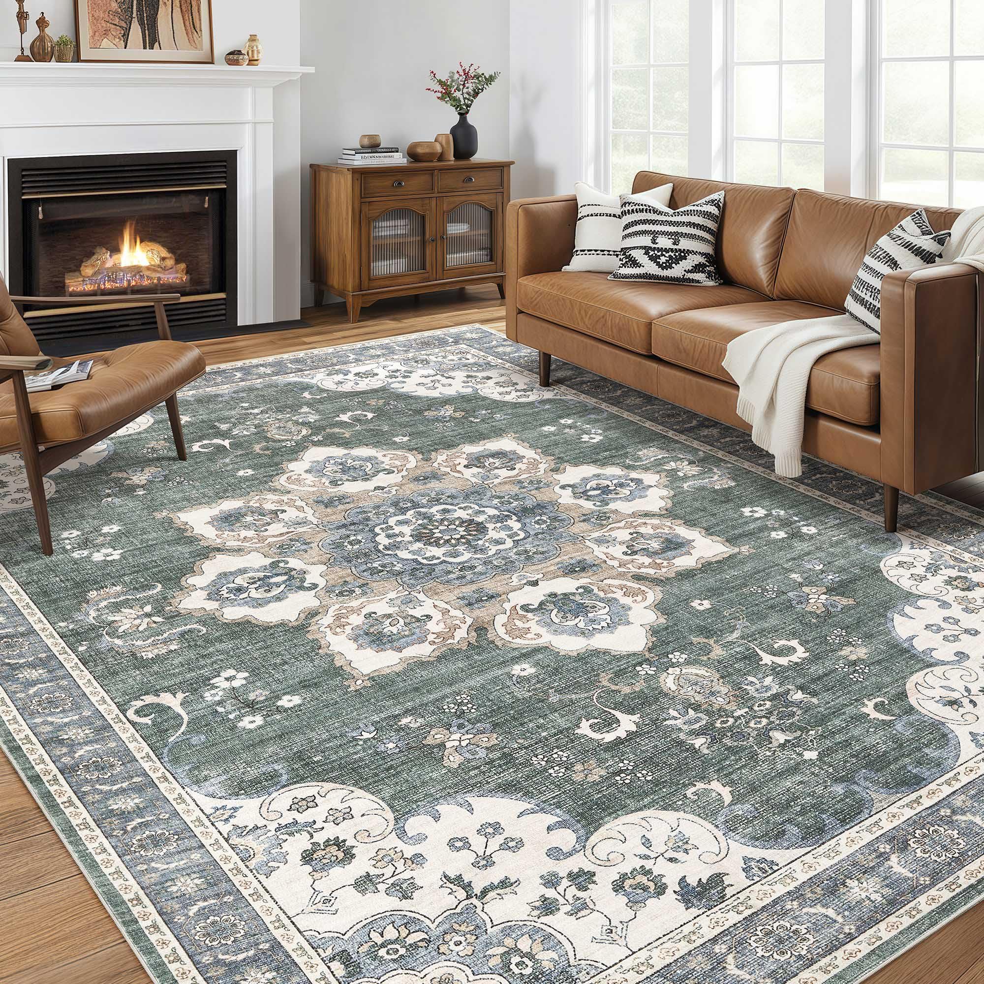 Area Rug for Living Room - 9x12 Soft Washable Oriental Vintage Floral Distressed Large Carpet - Fade Stain Resistant Non Slip Rugs for Bedroom Dining