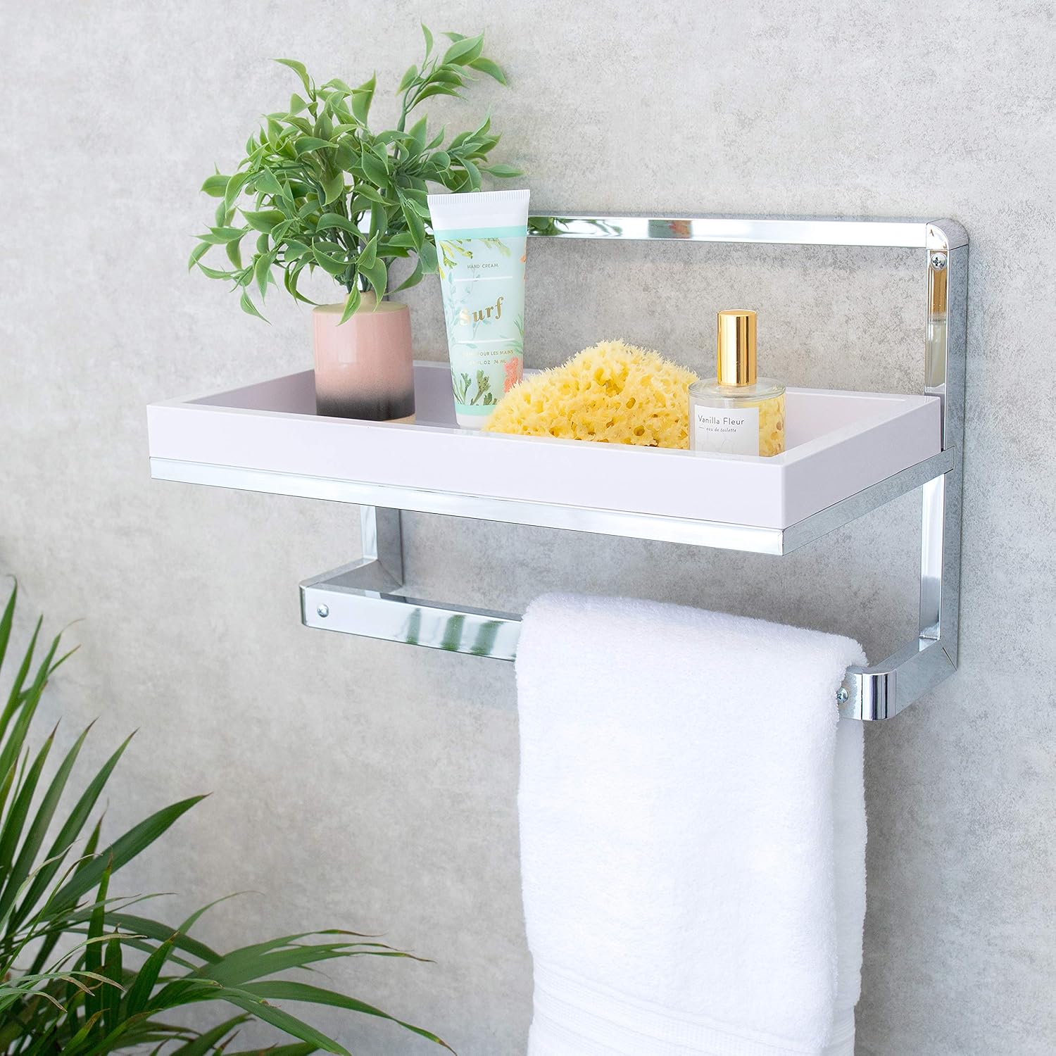 Danya B. HA80581 Bathroom Accessories and Décor – Wall Mounted Chrome Towel Rack and Shelf with Removable White Tray