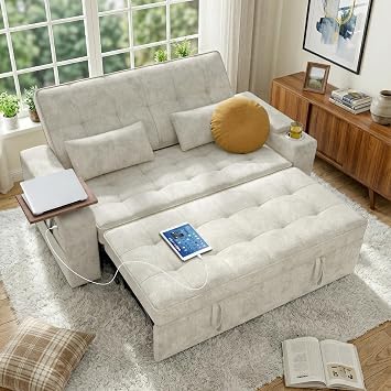 65in Sleeper Sofa Bed, 3 in 1 Pull Out Couch with Chenille Fabric Convertible Loveseat for LivingRoom and Apartment Beige