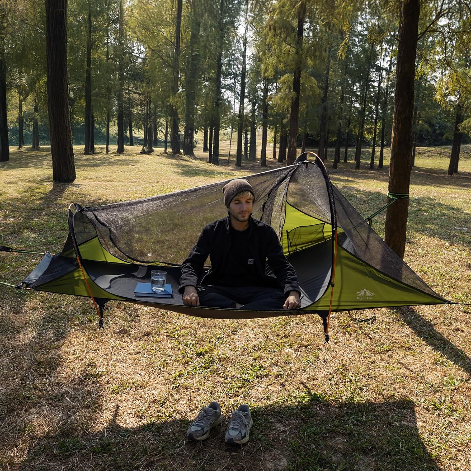 Night Cat Flat Lay Hammock Tent: Portable Lightweight Camping Hammock with Mosquito Net Waterproof Rainfly for 1 Person Outdoor Camping Green
