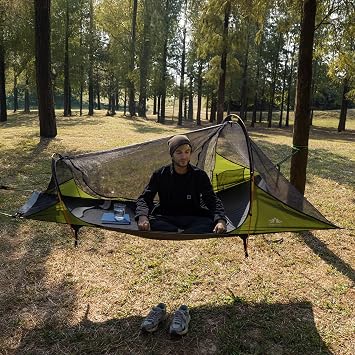 Night Cat Hammock Tent for 1 Person: Triangle Flat Bottom Hammock with Mosquito Net and Outdoor Camping Waterproof Tarp for Backpacking in Jungle Army Green