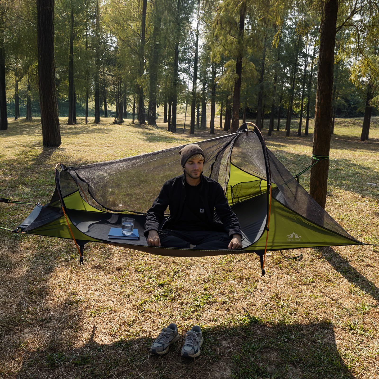 Night Cat Tenda Amaca con Zanzariera: A Forma Triangolare con Fondo Piatto Impermeabile per 1 Posto Verde