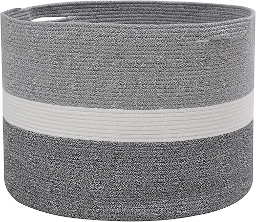 Vista 16 de Cesta grande de cuerda de algodón de tamaño máximo de 24 x 24 x 17 pulgadas, cesta de almacenamiento extragrande, cesta de lavandería tejida, Gris