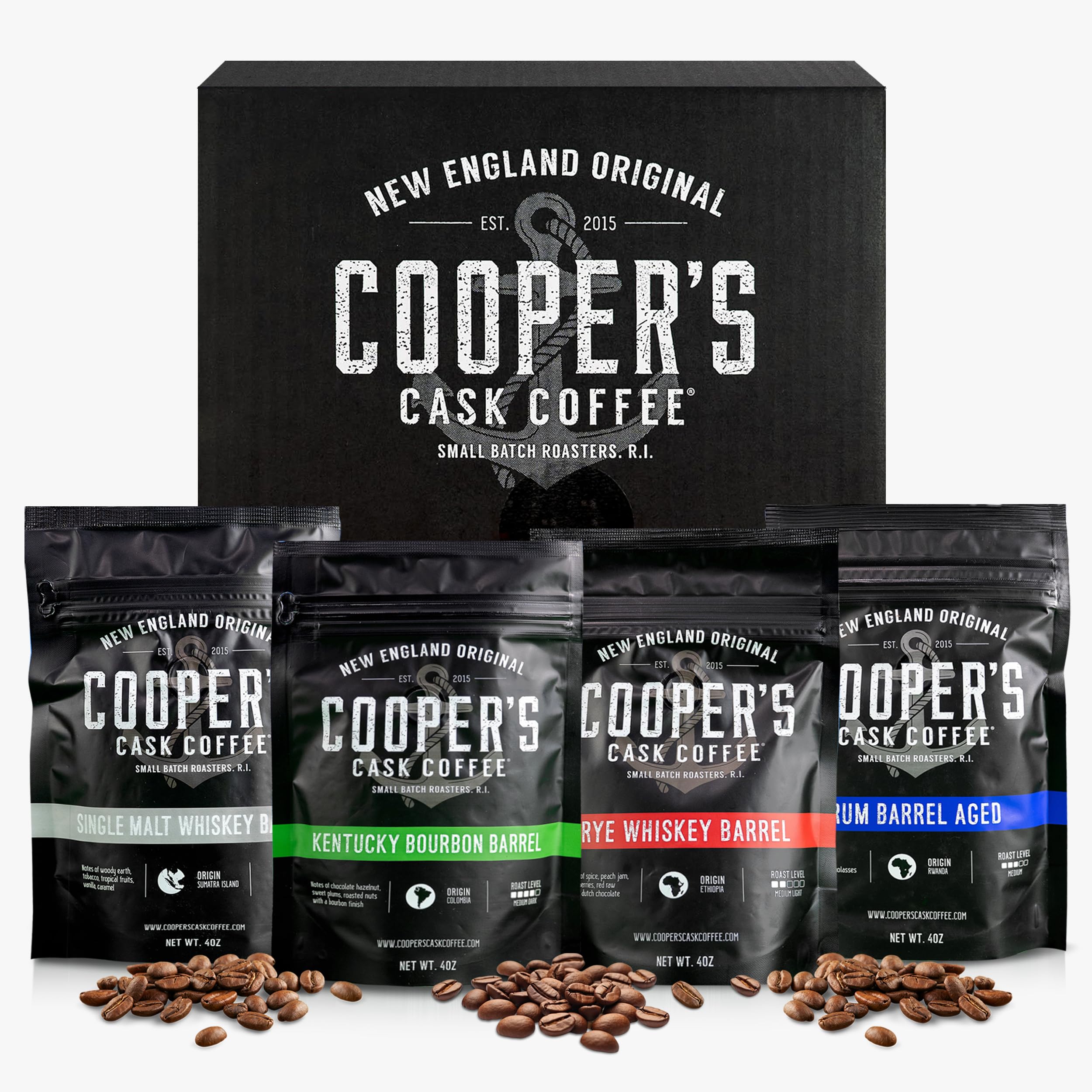 Bourbon & Whiskey Barrel Aged Coffee Box Set with Four Whole Bean Single Origin Coffees (Colombia, Sumatra, Ethiopia, Rwanda) Premium Small-Batch Gourmet Roasted Coffee Gift (Pack or 4)