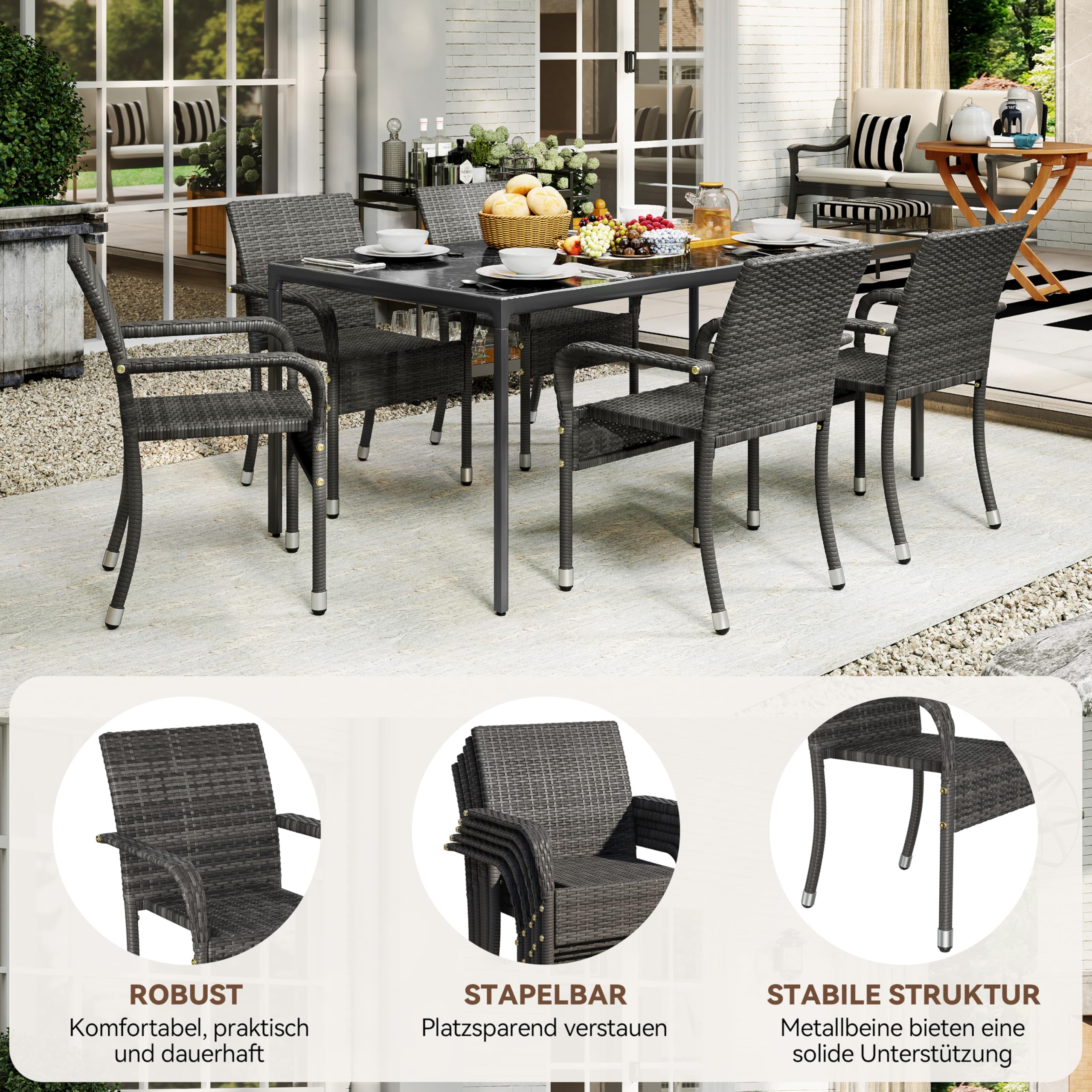 Yaheetech Set di 2 Sedie Impilabili in Rattan Sedia da Giardino con Braccioli Piedini Regolabili e Schienale per Giardino Balcone PatioTerrazza Grigio