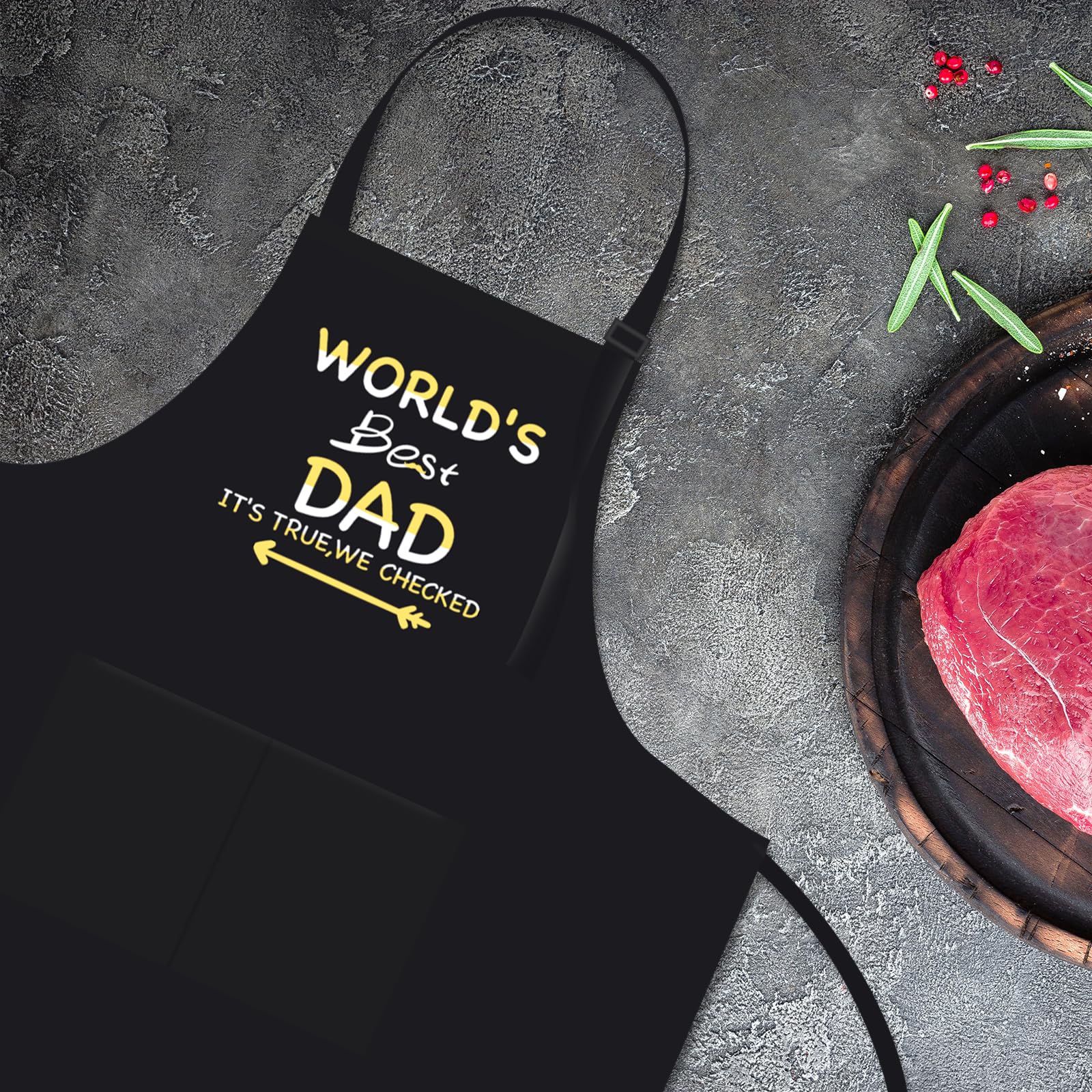 FunChaos BBQ Apron for Men, World's Best DAD, Adjustable Black Apron with 2 Pockets, Personalised Apron for Men Dad Husband Boyfriend Grandfather (Water Resistant)