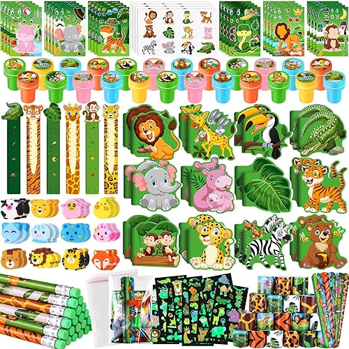 BenLouis 120Pcs Recuerdos de fiesta de Safari en la jungla, sellos de estampado de animales del zoológico, pulseras de bofetada, juego de papelería