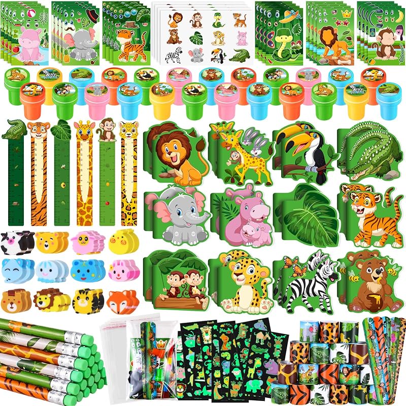 BenLouis 120Pcs Jungle Safari Stationery Set Party Favors for Kids | Jungle safari goodie bag stuffers, wild one party decorations, zoo birthday classroom gifts, for kids 4-8-12, pinata supplies