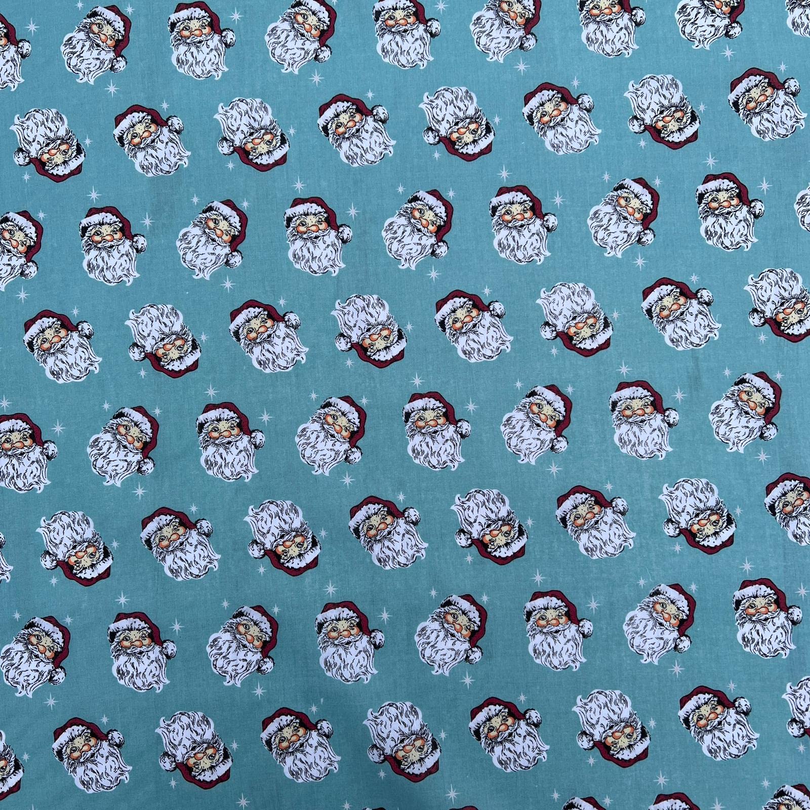 Printed Polycoton Poly Cotton Christmas Xmas Smiley Santa Design Novelty Children's Kids Dress Craft Bunting Fancy Dress Sewing Fabric Material | 45" - 112 cm Wide (per Metre, Sky Blue)