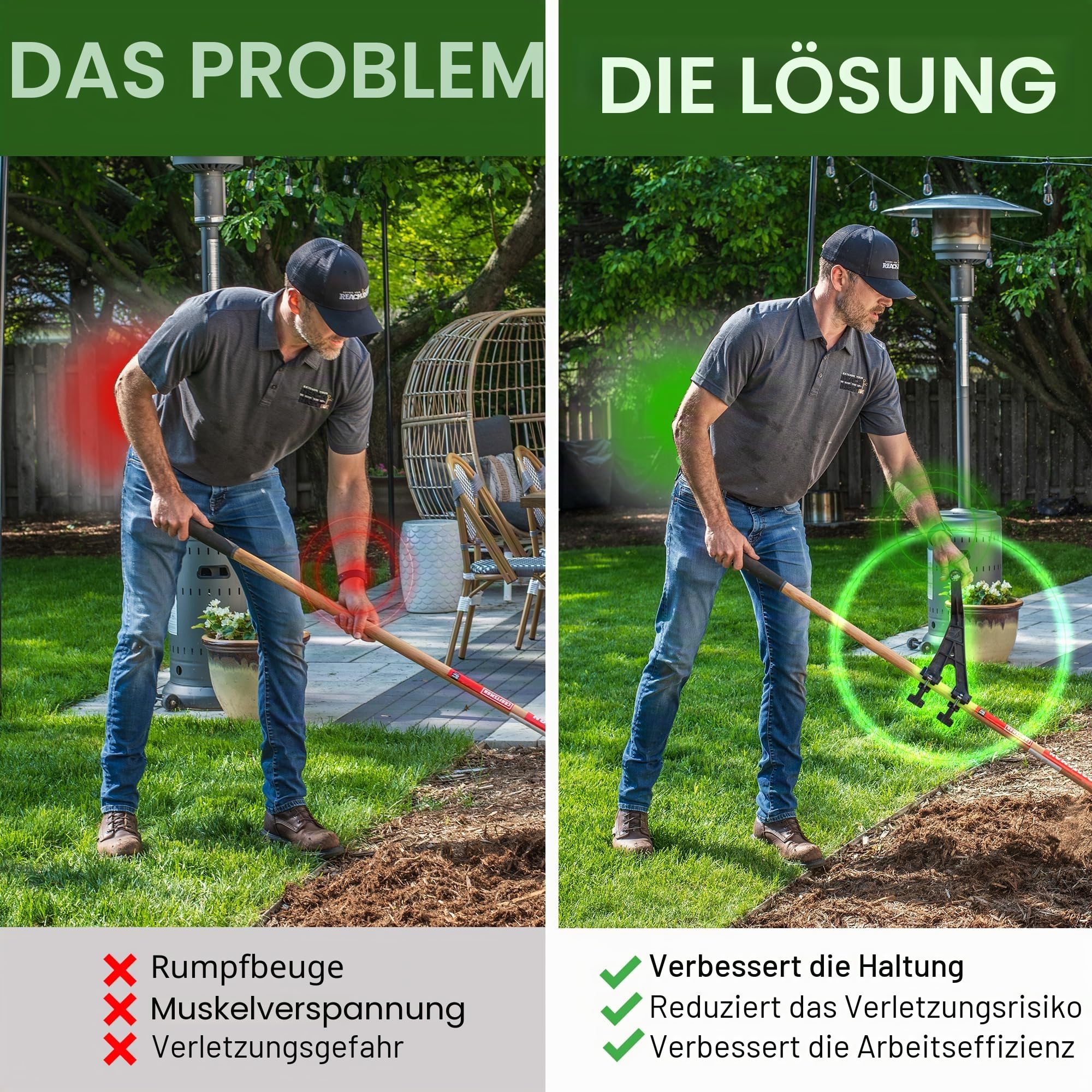 Reach Right Rückenschonender Aufsatz, verwandelt normales Werkzeug in ergonomisches Hof-Werkzeug, Rückenschoner-Griffbefestigung, universell passend für Unkrautfresser, Schneeschaufel, Rasentrimmer,